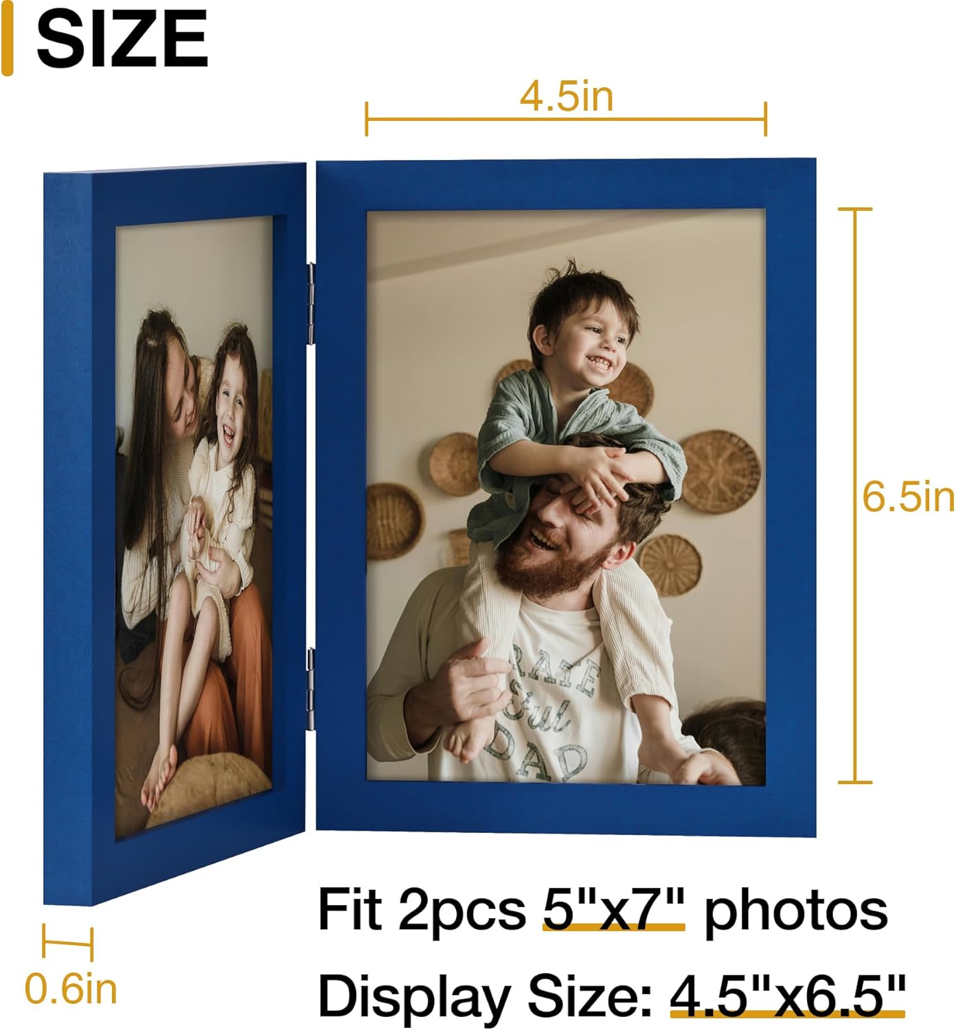decorUhome Double 5x7 Picture Frame Vertical, Engineered Wood Bifold Photo Frame with Plexiglass for Tabletop Display, 5x7, Royal Blue
