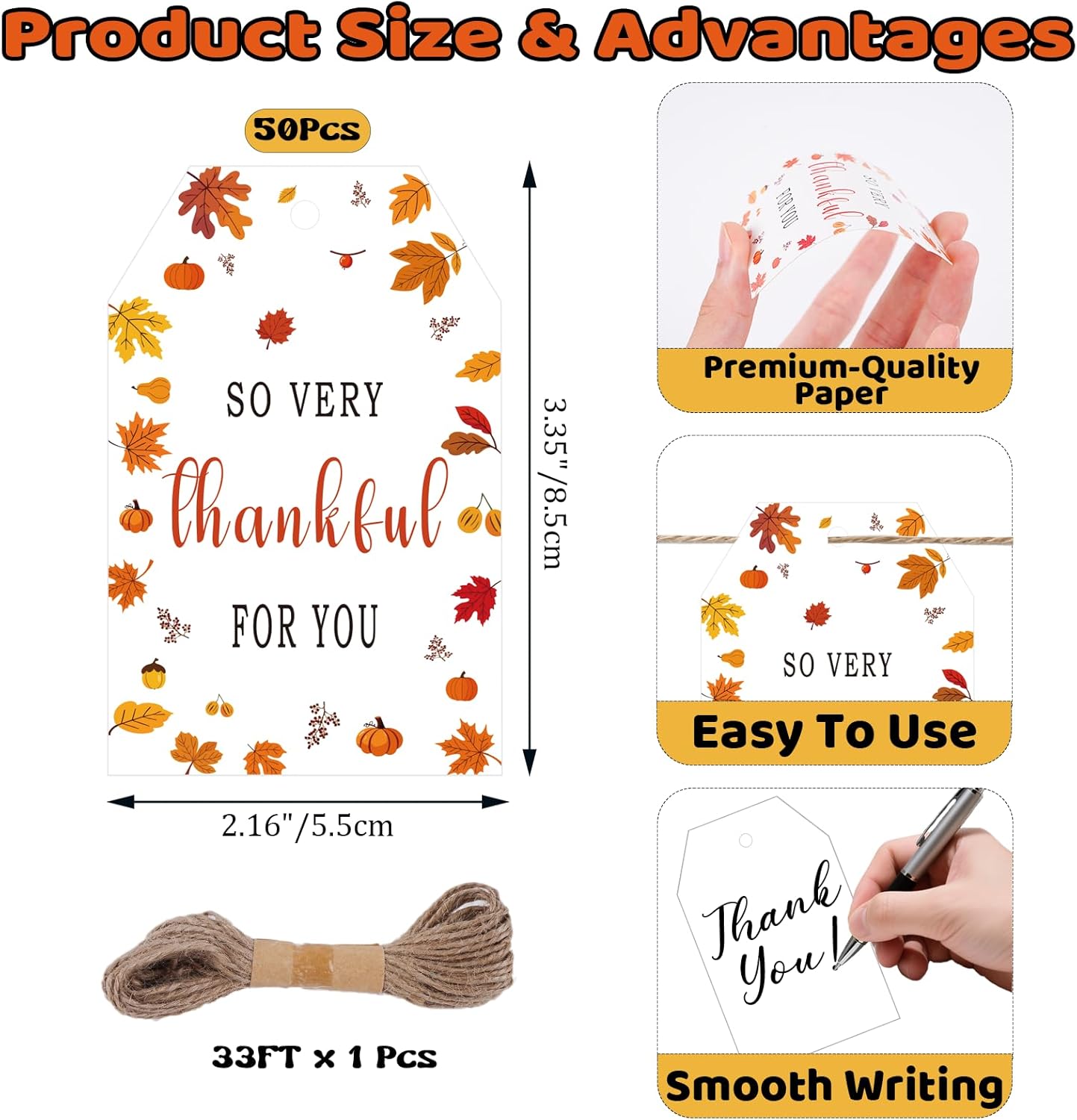 50Pcs Fall Thankful for You Tags, 3.3x2.1 Inch Thanksgiving Gift Tags with String, Thanksgiving Name Tags with Maple Leaf for Autumn Holiday Party Favors DIY Craft Decorations
