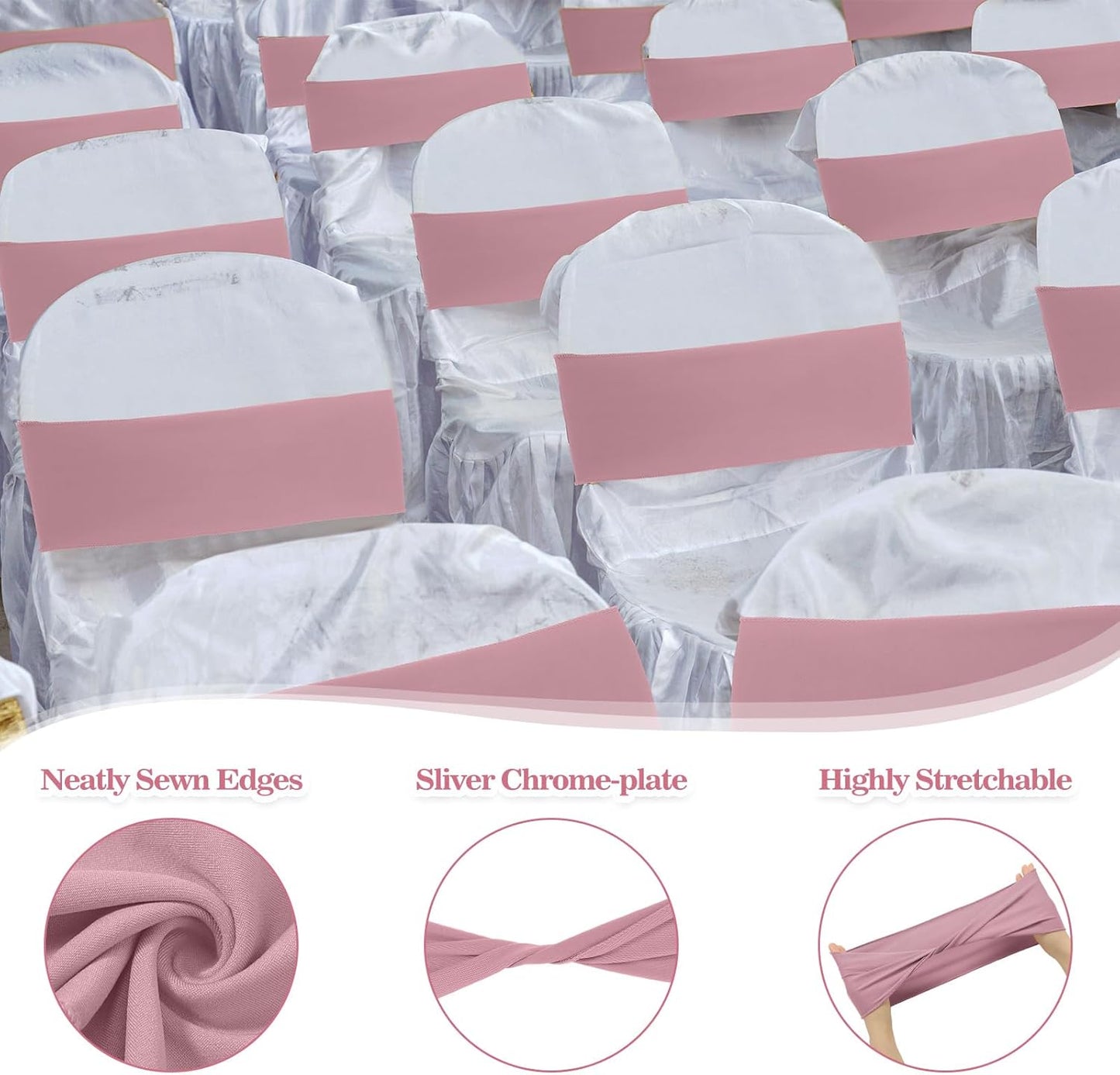 Kinlop 50 Pcs Spandex Chair Sashes Bows Chair Bands Slider Sashes for Covers Elastic Bands Ties Without Buckle Decorations for Wedding Party Events Ceremony Birthday(Dusty Pink)