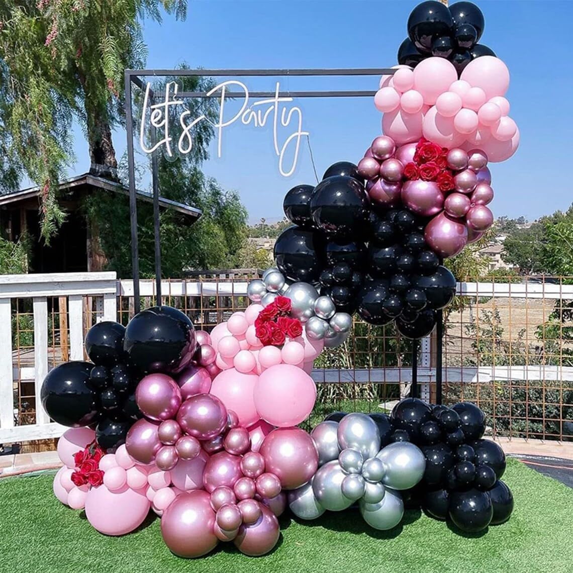 Pink and Black Balloons, 12 Inch Hot Pink Black Balloons Set with Black Pink Confetti Balloons, Pastel Pink Light Pink Black Balloons for Girl Birthday Party Wedding Decorations