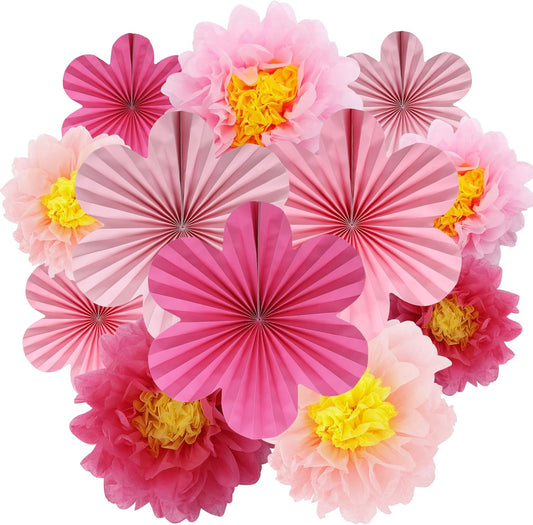 BestoFun 12PCS Paper Flowers Fans Hot Pink Party Decorations Tissue Paper Flowers Decorations for Girl Groovy Birthday Baby Shower Wedding Bachelorette Room Wall Hanging Décor