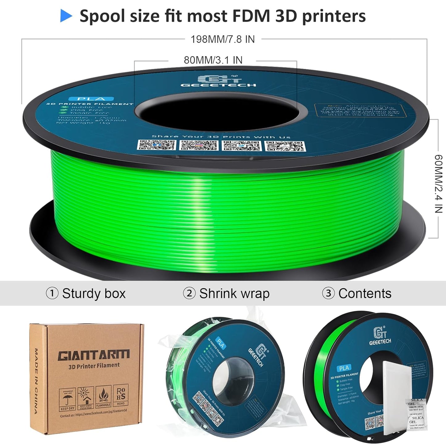 Geeetech Green PLA Filament 1.75mm, PLA 3D Printer Filament 1kg Spool(2.2lbs) Dimensional Accuracy +/- 0.02 mm, 3D Printing Filament Fits for Most FDM 3D Printers