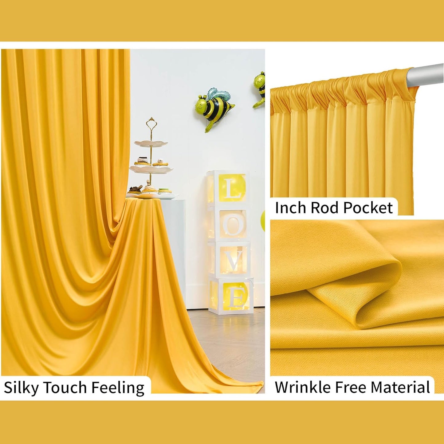 40 ft x 10 ft Wrinkle Free Yellow Backdrop Curtain for Parties, Ginger Polyester Photo Backdrop Drapes,Thick Background 8 Panels 5ft x 10ft for Baby Shower Wedding Birthday Party Backdrop Stand
