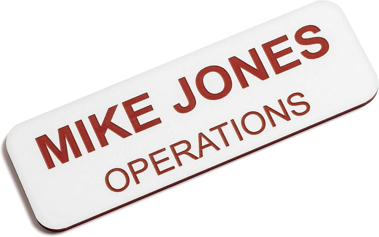 Custom Engraved Name Tag Badges – Personalized Identification with Pin or Magnetic Backing, 1 Inch x 3 Inches, White/Red