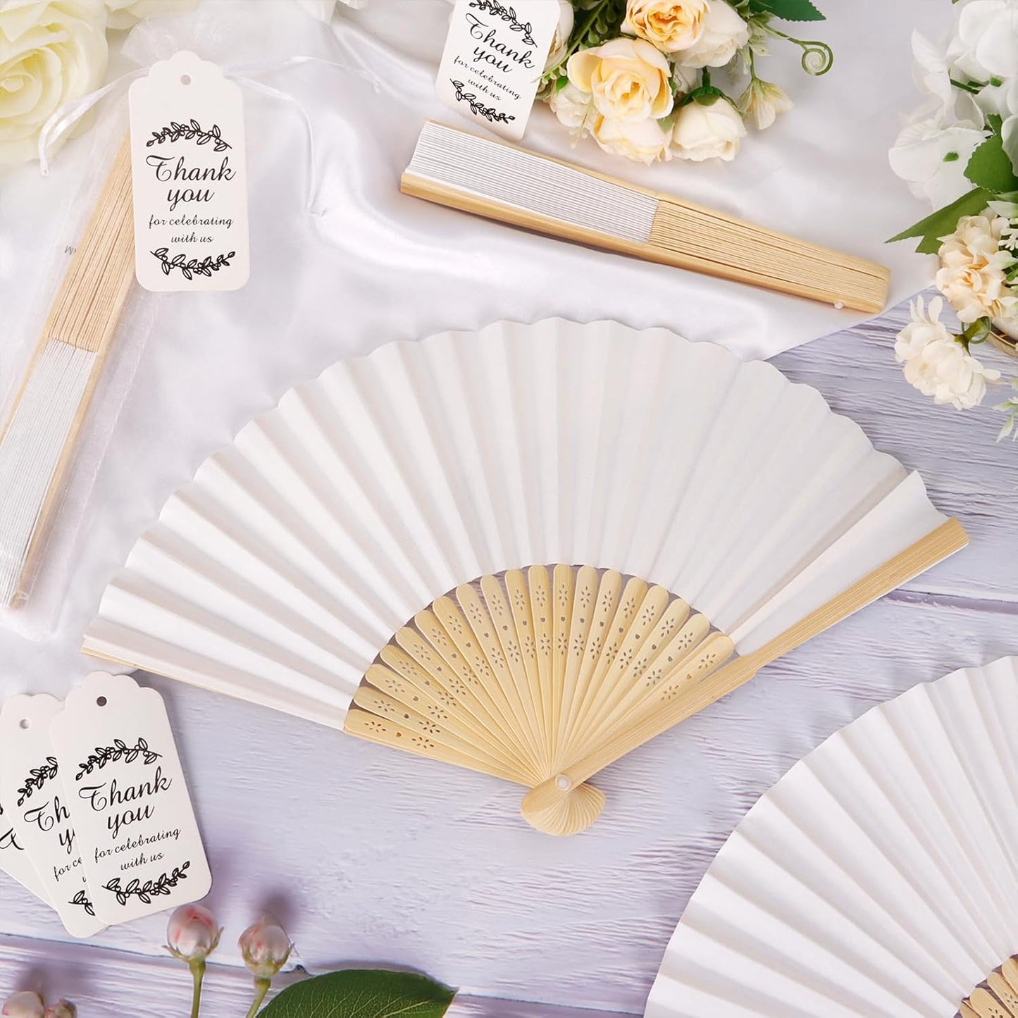 50Set Wedding Hand Fans Party Favors White Paper Folding Handheld Fans Bulk, DIY Bamboo Fans with Thank Tag Organza Bag for Guests Bridal Dancing Props Church Decoation