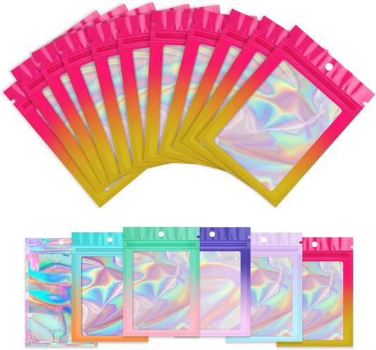 Funfery 100 Pack Gradient Holographic Bags,Resealable Bags with Zipper,Clear Window Packaging Pouchs,Foil Bag for Food Storage,Sample Jewelry Baggies(3×4.7In,Hot Pink Orange)