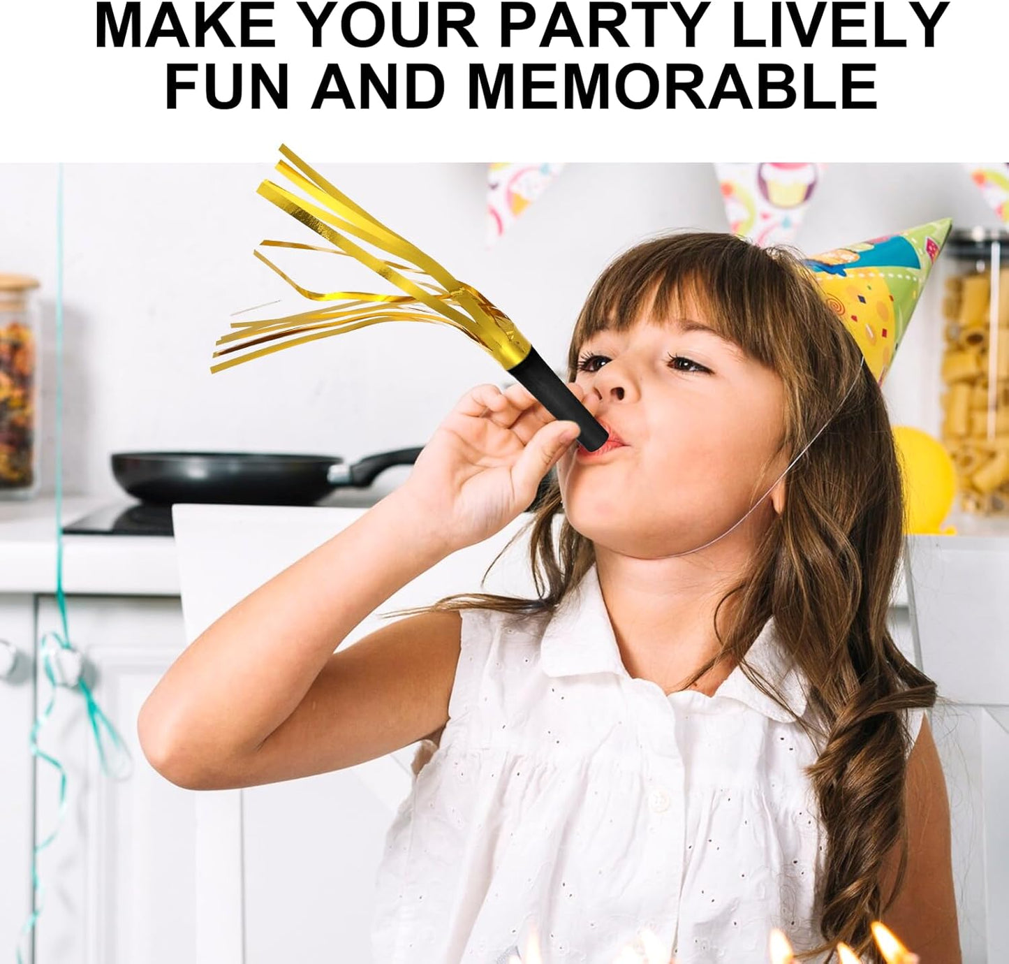 24 Pcs Party Horns, Party blowers Noise Makers, Graduation Noise Makers Glitter Metallic Fringed Birthday Blowers for Wedding Birthday Graduation Ceremony Festival (Gold)