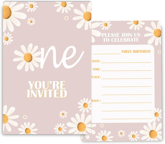 Daisy 1st Birthday Invitations for Girls, Daisy One Birthday Party Invitaions for Party Invites, 4x6 Inches, 30 Sets with Envelopes