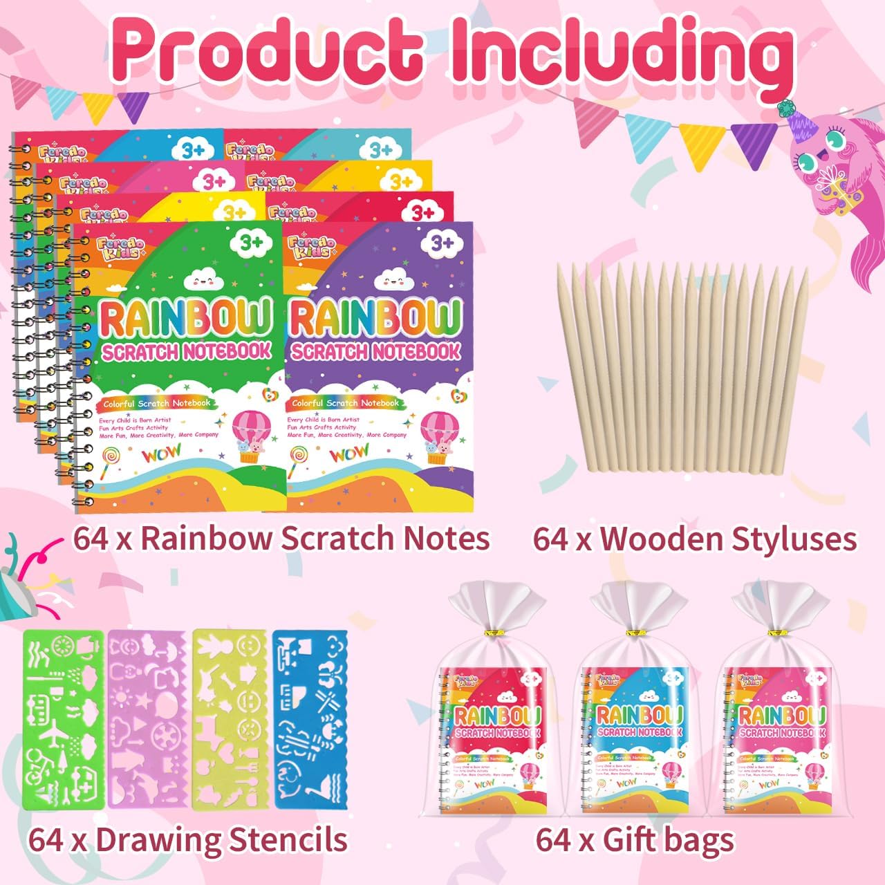 Scratch Art Party Favors for Kids: 64 Pack Rainbow Scratch Art Notebook Classroom Prizes Gifts Bulk for Girls Boys Goodie Bags Stuffers, Return Gifts for Birthday Party Favors Bulk Kids Crafts