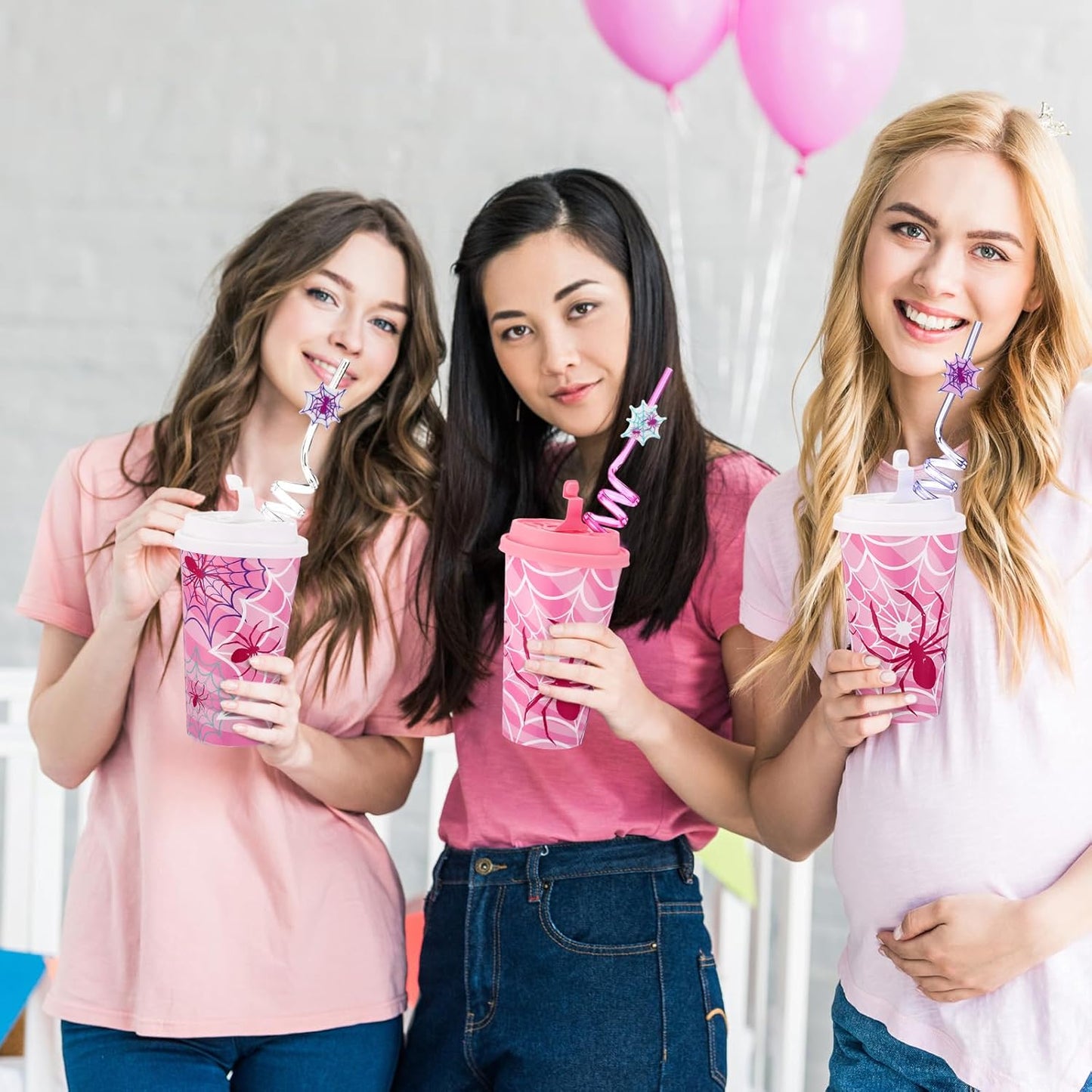 Yungyan 24 Sets Pink Spider Party Favors Goodie Cups with Lids and Straws for Halloween Party Decorations Reusable 16oz Plastic Candy Cups Plastic Straws for Birthday Gift (Pink Spider)