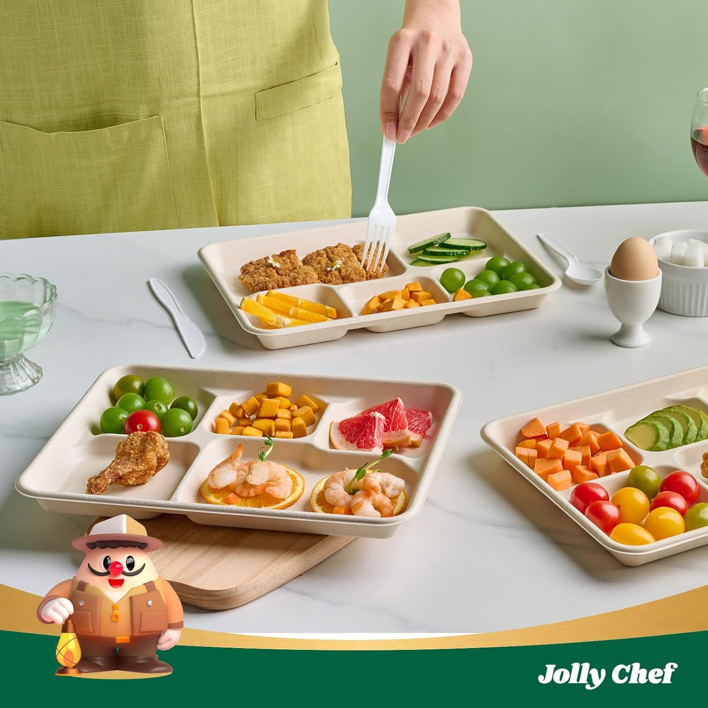 JOLLY CHEF Compostable 𝟱 Compartment Paper Plates 𝟭𝟭 * 𝟴 𝗶𝗻𝗰𝗵 [𝟱𝟬𝟬 𝗣𝗮𝗰𝗸] Heavy Duty Natural Divided Disposable Eco-Friendly Biodegradable Containers Food Trays for Dinner Lunch Buffet