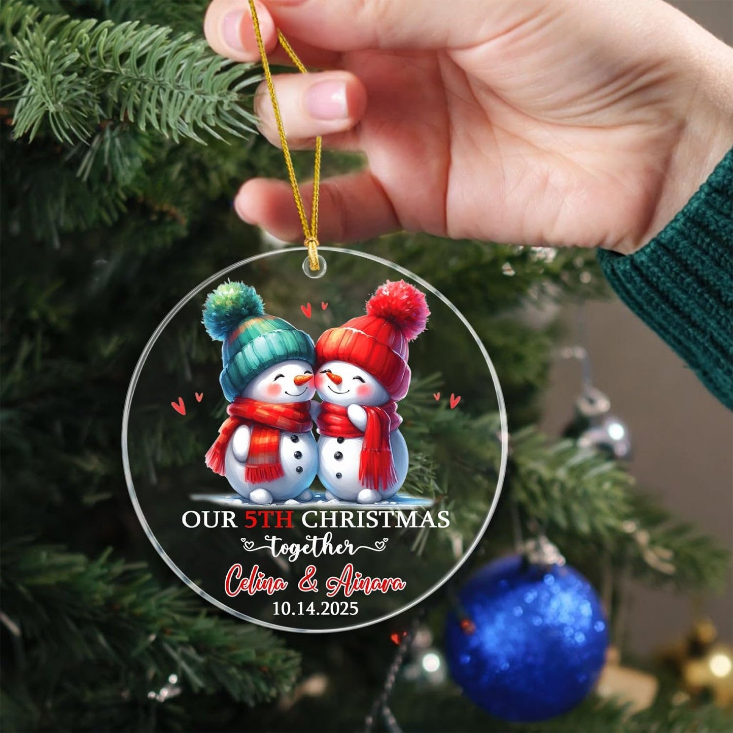Personalized Our 5TH Christmas Together Ornament, Customized Date & Names Mr & Mrs Snowman Together Keepsake Ornament Gift for Wedding Anniversary, Married Couple Snowman Christmas Ornaments Gifts