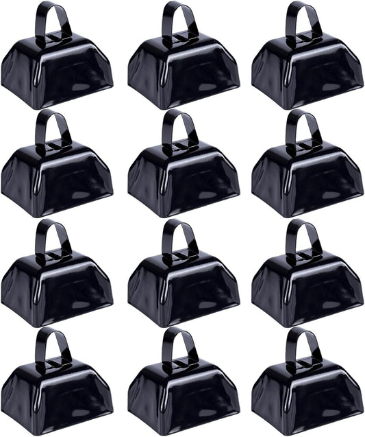 Cow Bells Noise Makers Cheering Bell: 12 Pcs Metal Cowbells with Handle for Sporting Events - Small Loud Bell Bulk Hand Percussion for Football Games Graduation Weddings-Black