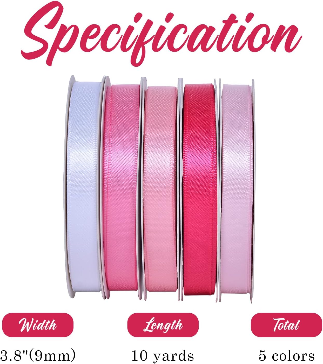 Ribest Pink Double Faced Satin Ribbon Set, 3/8 Inch White, Light Pink, Pink, Hot Pink, Fuchsia Ribbons for Valentine's Day Gift Wrapping Crafts Wedding Baby Shower, 5 Rolls × 10 Yards Total 50 Yards