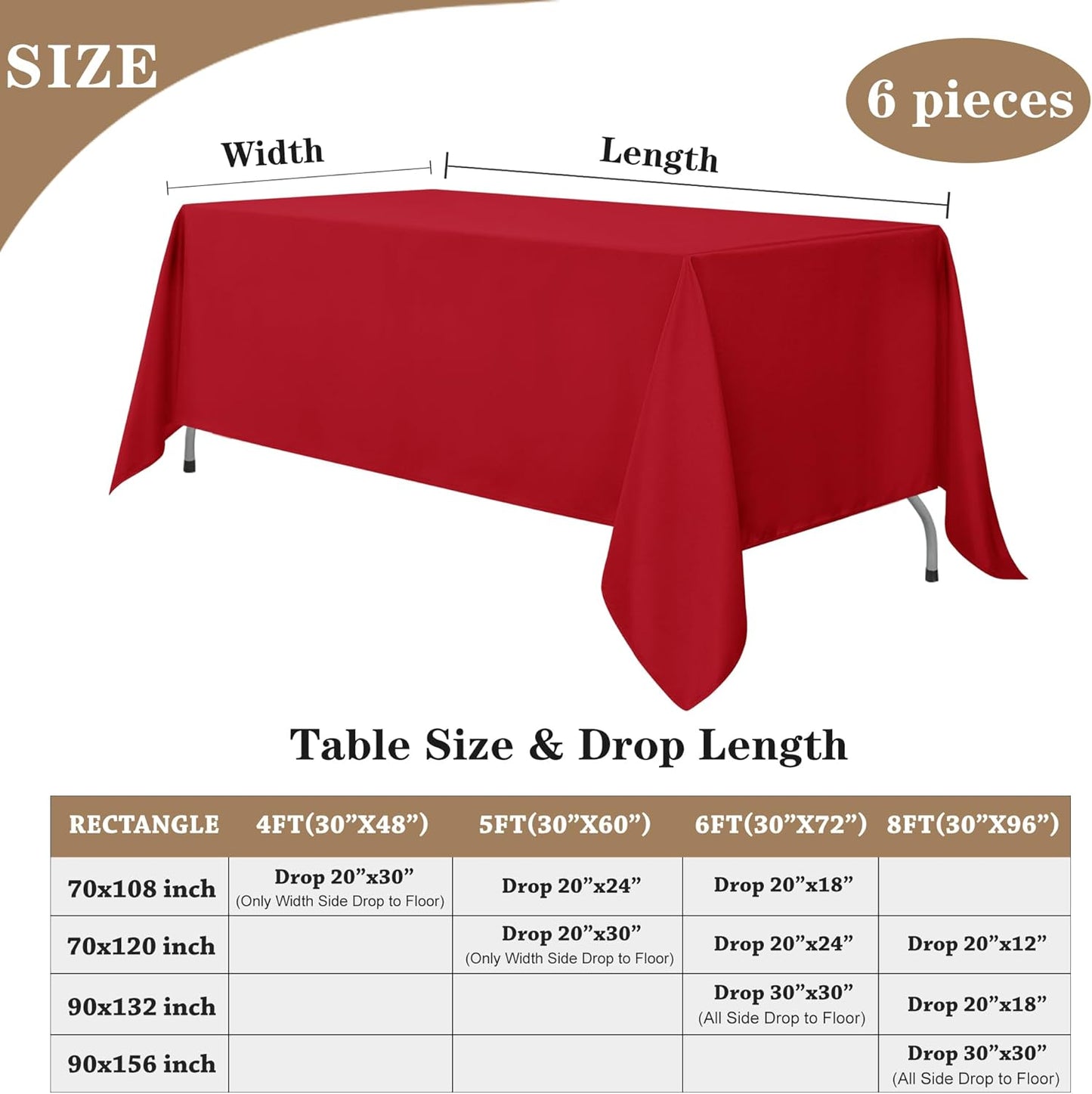 Fitable Elegant Red Rectangle Table Clothes, 6 Pack - 90 x 132 Inch - Reusable and Washable Tablecloths, Polyester Fabric Table Covers for Wedding, Party, Banquet, Formal Events