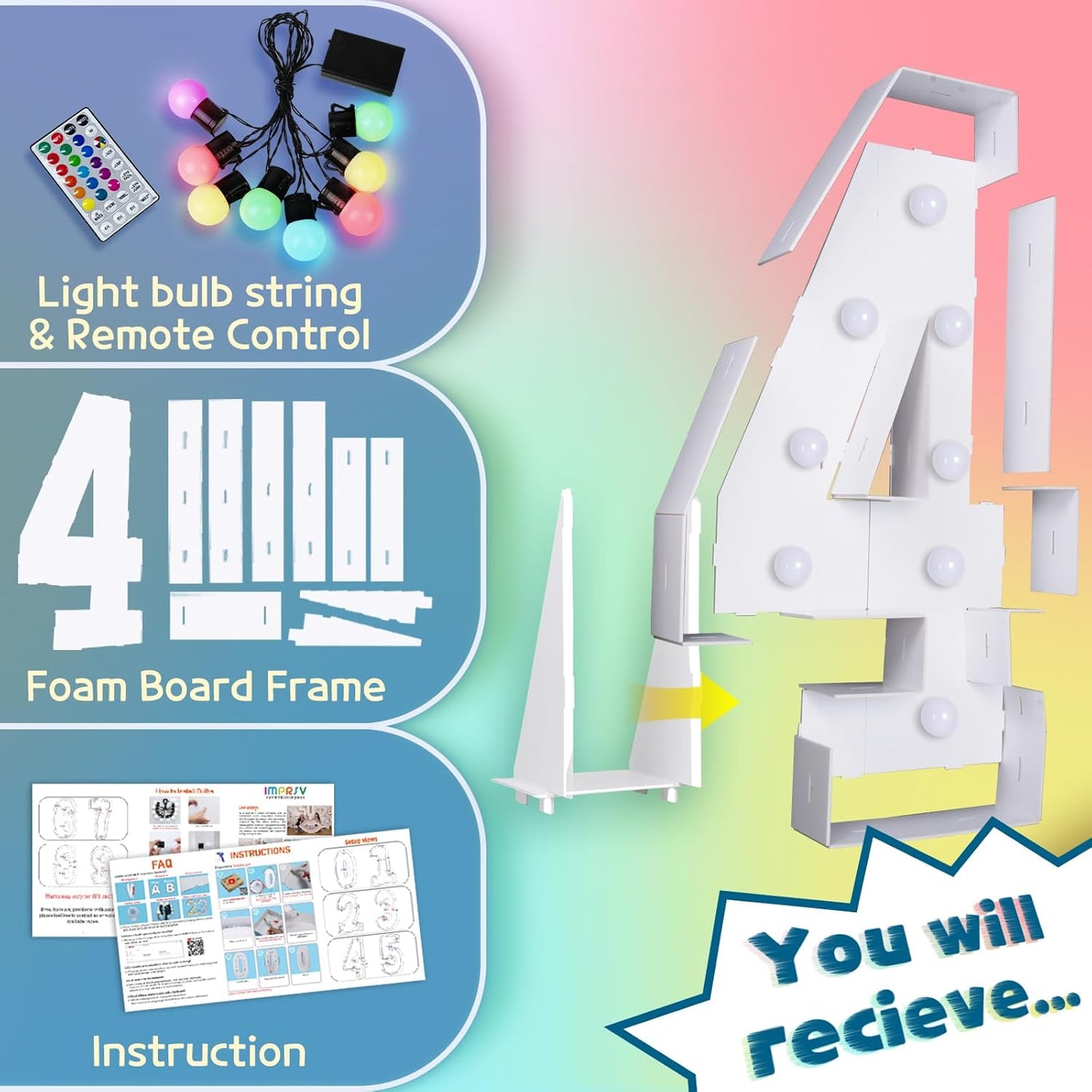 imprsv 3FT Colorful Marquee Numbers,18 Colors Number 4 with Remote, Light Up Numbers Sign for 24th 40th Birthday Decorations Anniversary Party Decor, Pre-Cut Foam Board Kit, Mosaic Numbers for Balloon