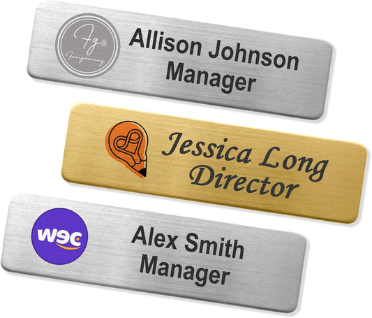 Personalized Name Tag Badges Identification Customized with Text & Logos, Acrylic Name ID for Clothing with Pin or Magnetic Backing, Gold & Silver Plates for Business or Employees