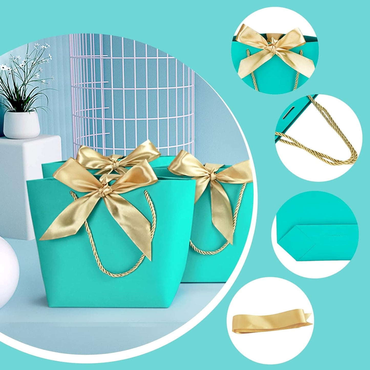 HUAPRINT Gift Bags with Handles,7.48×3.54×7.9 inches,Party Favor Bags with Bow Ribbon,12Pcs Teal Blue Paper Bags for Birthday Wedding Bridesmaid Holiday