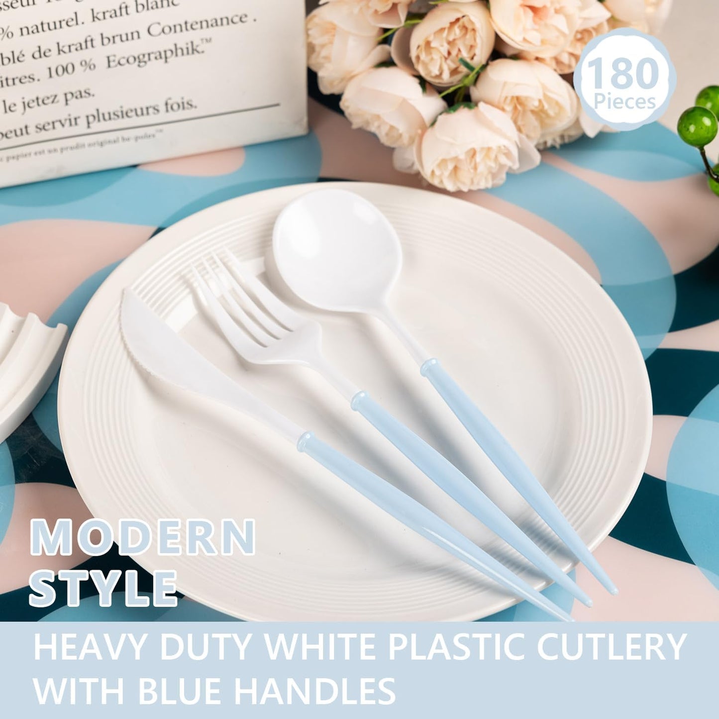 180PCS White Plastic Silverware with Blue Handle,Disposable Utensils Set Include 60 Forks,60 Knives,60 Spoons,Modern Heavy Duty Plastic Silverware Set for Party,Birthday,Wedding