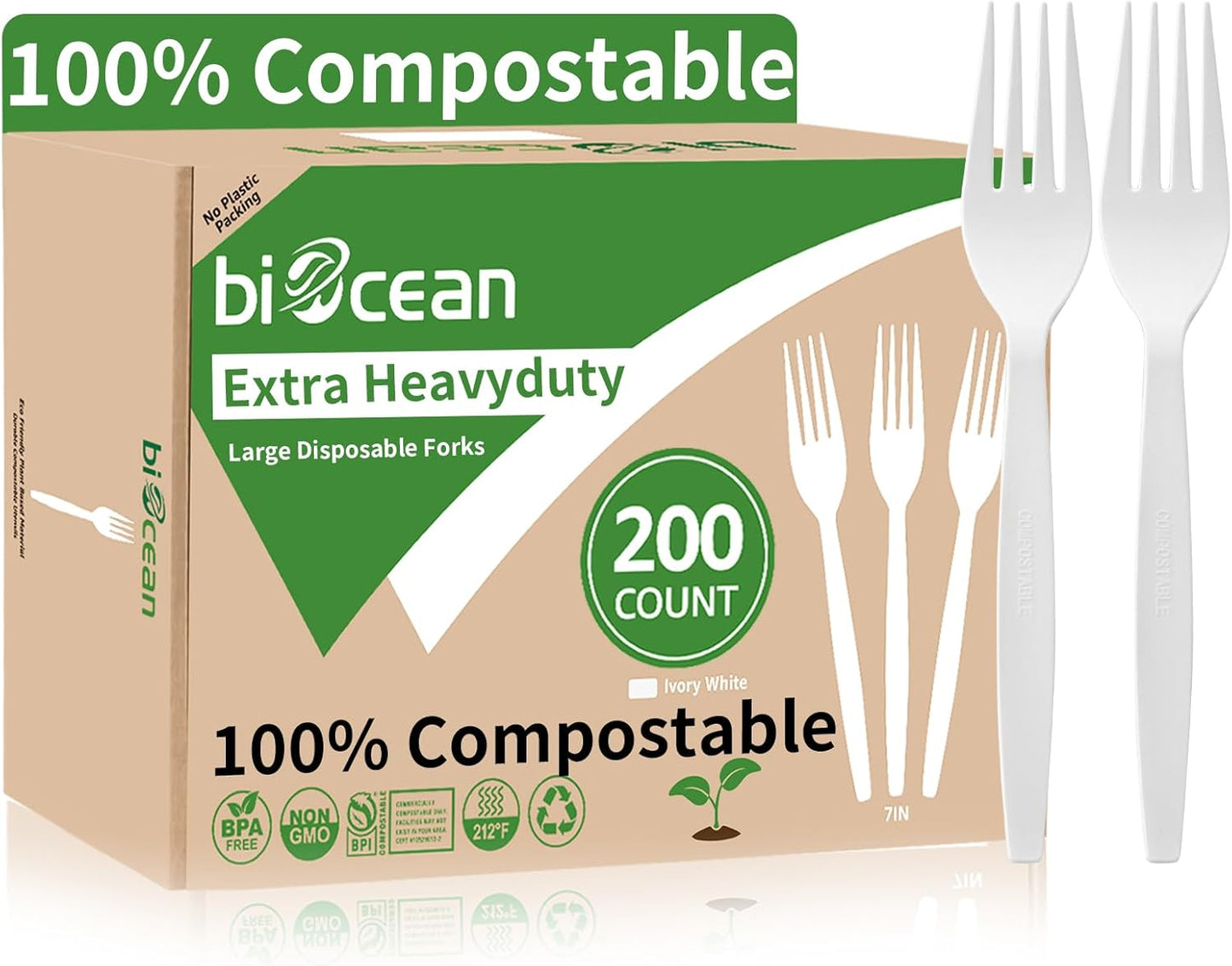Extra Heavyduty Compostable Forks [200 Count,7In] Disposable Cutlery No Plastic Forks Large Biodegradable Utensils Eco Friendly Silverware Serving Flatware for Party,Daily Use,BBQ,Picnic