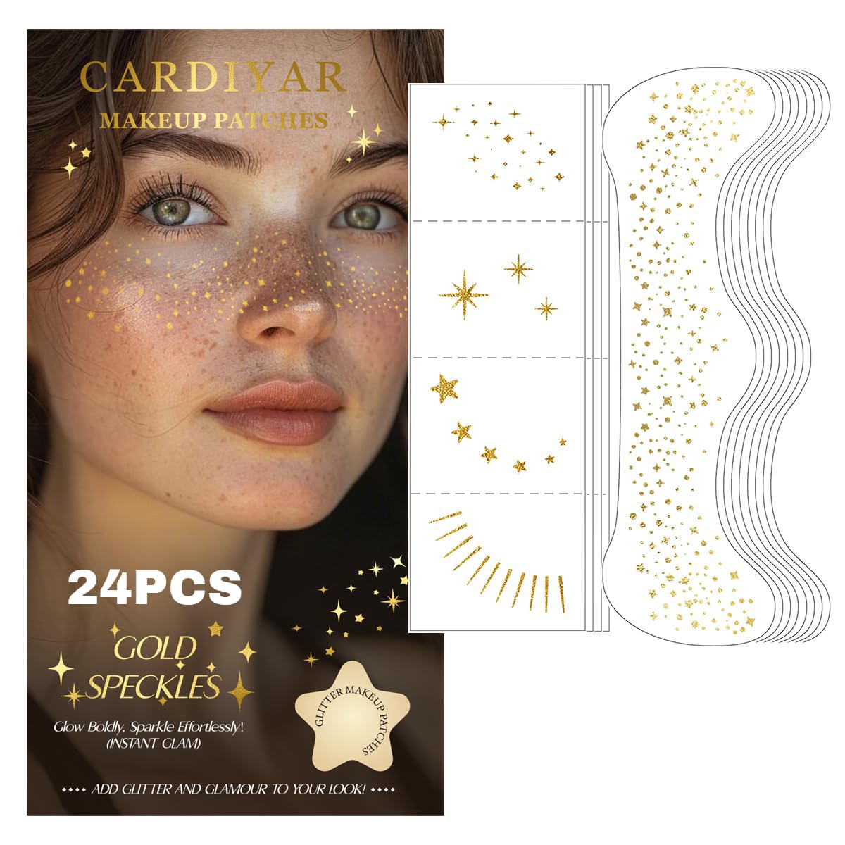 Glitter Freckles Face Tattoo - 24PCS Waterproof Gold Temporary Sparkle Patches for Women, Glow Up Makeup (Gold)