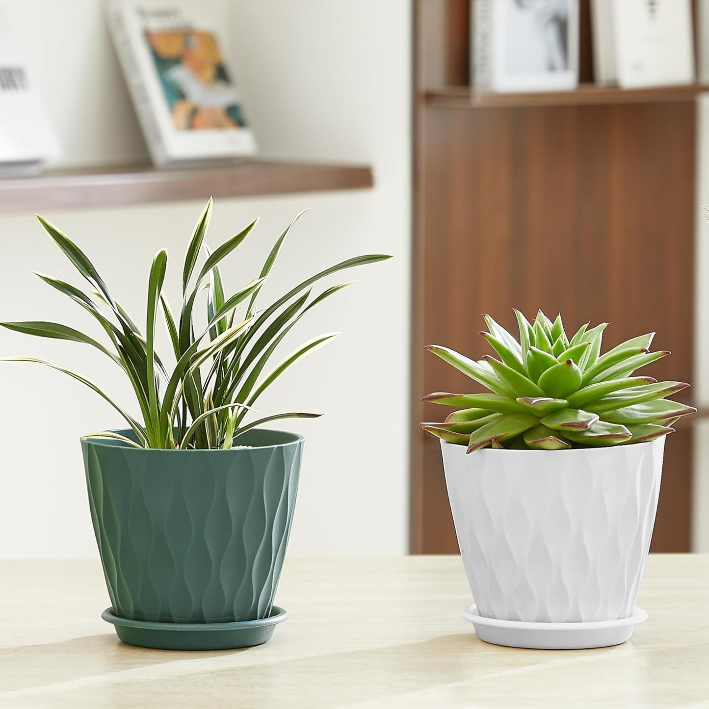 FaithLand 6-Pack 6-Inch Plastic Plant Pots with Saucers | Thickened PP Material, Modern Wave Texture, Enhanced Drainage for Indoor/Outdoor Garden Plants | Tricolor Value Set