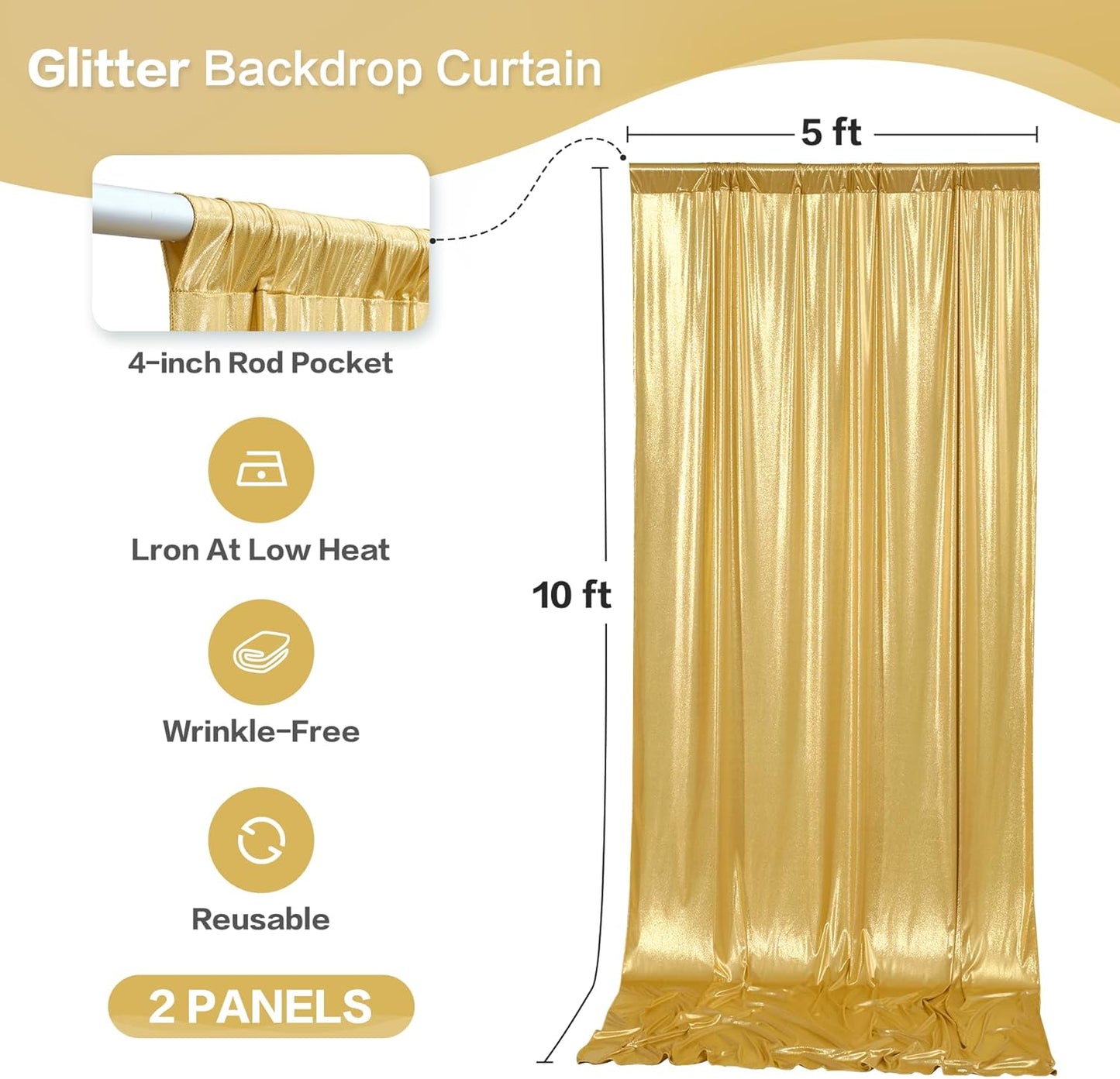 gogoparti 10x10FT Gold Sequin Backdrop Curtain - 2 Panels of 5x10FT Wrinkle-Free Glitter Drapes for Photography, Birthdays, Weddings & Graduations