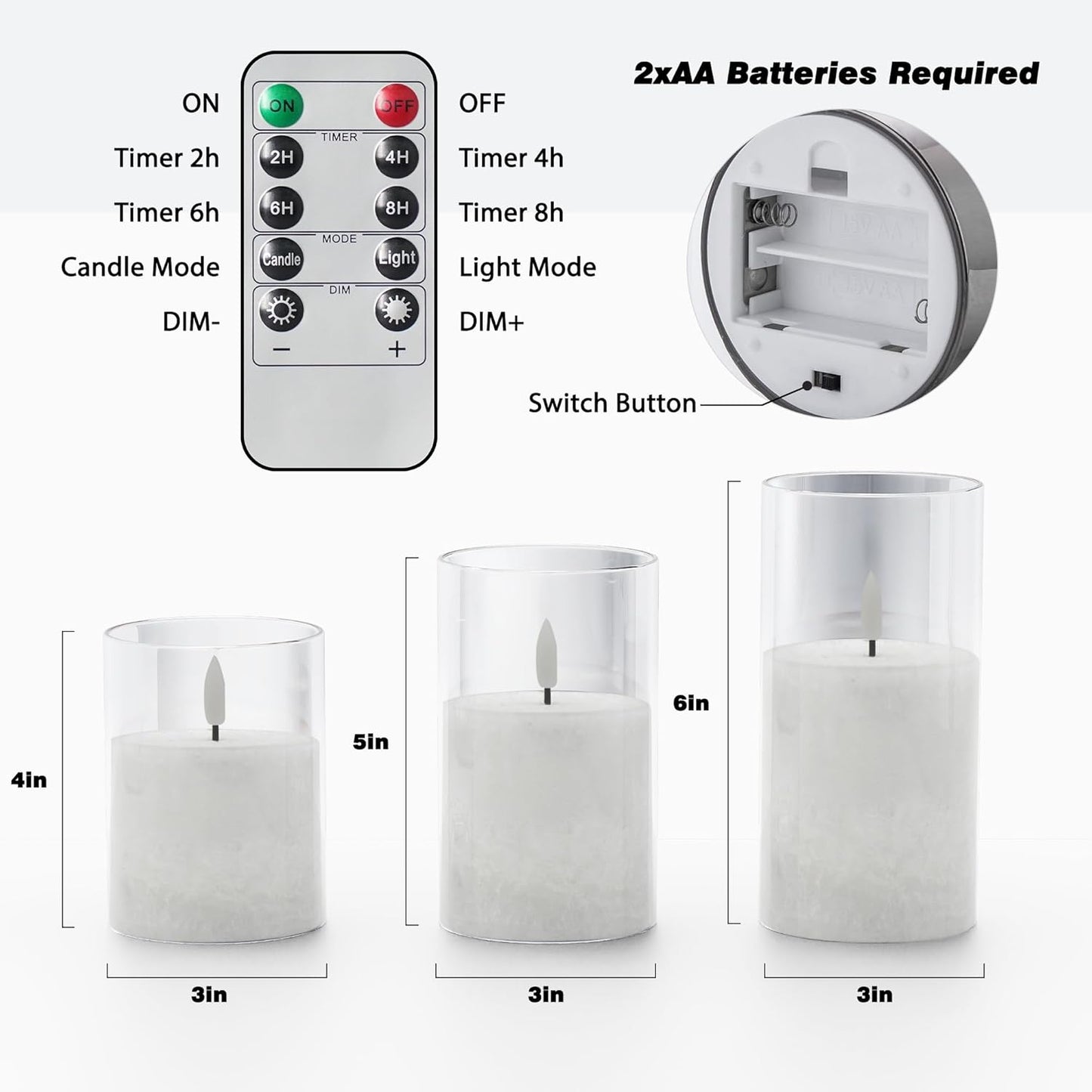 Ice Crystal Real Wax Glass Flameless Candles with Remote & Timer, Battery Operated Candles with Warm Flickering Flame, Realistic LED Candle for Wedding Home Decor [D3×H4/5"/6"] Clear, 3Pack