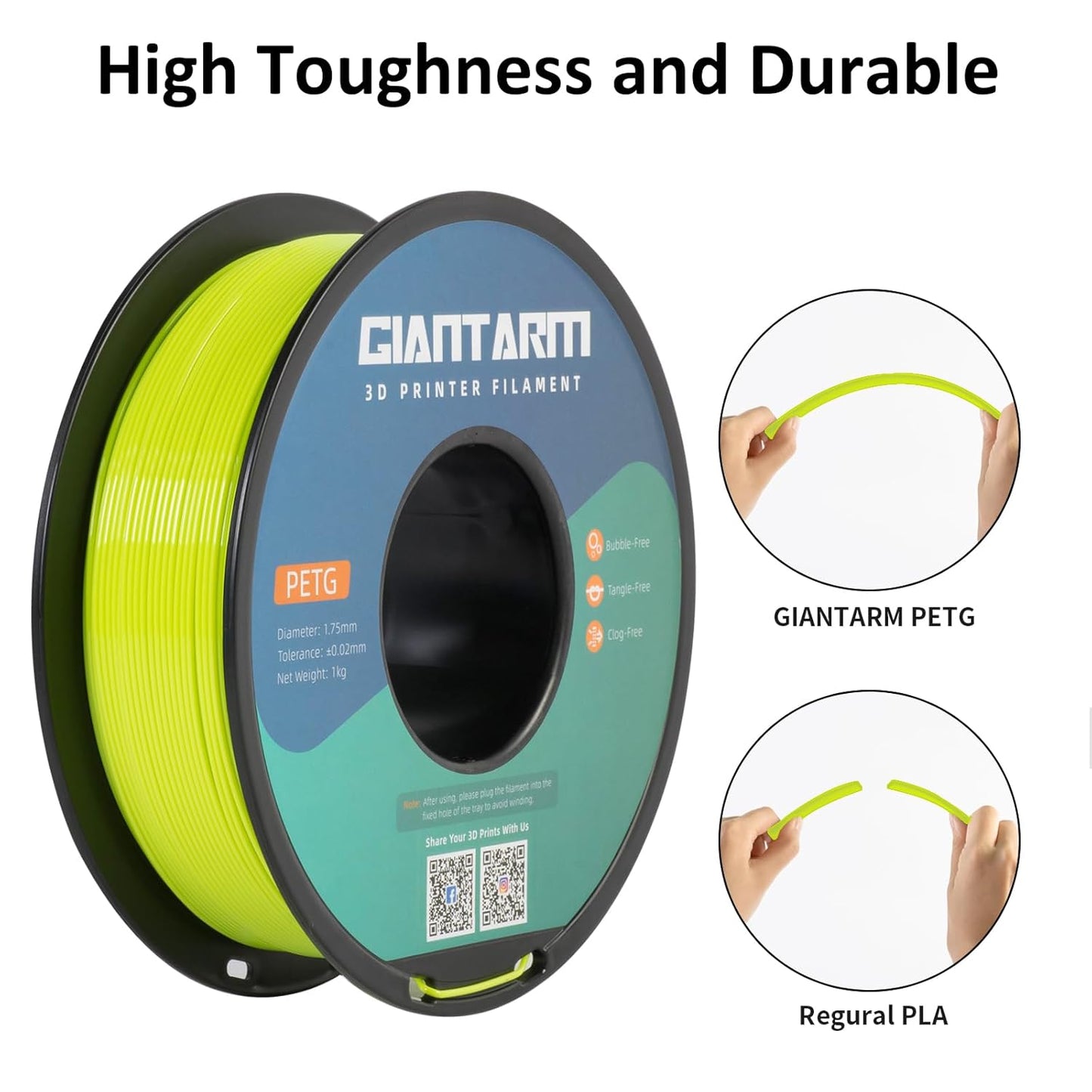 GIANTARM PETG Filament 1.75, 3D Printer Filament PETG 1kg(2.2lb), Toughness Enhanced, Dimensional Accuracy +/-0.02mm, Vacuum Package (Apple Green)