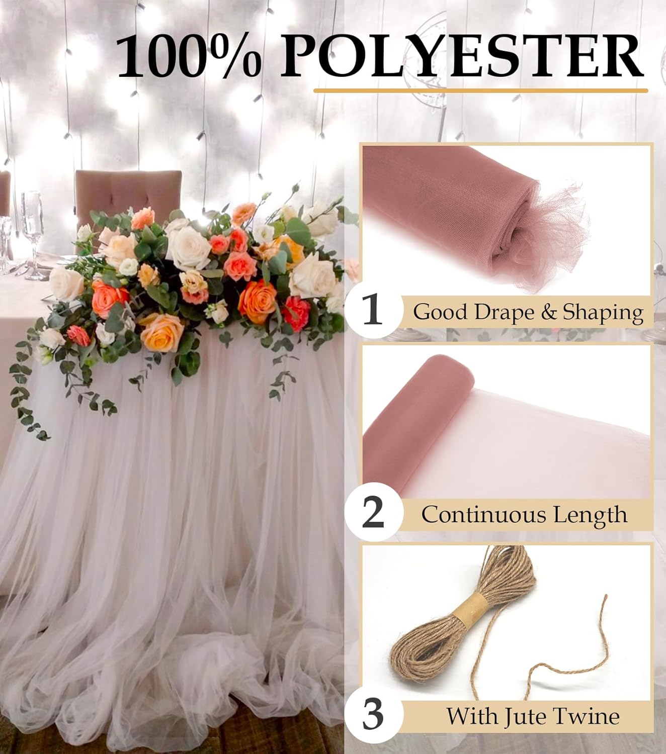 Dusty Rose Tulle Fabric Roll, 54" x 40 Yards (120FT) Tulle for Wedding Decoration DIY Tutu Party Backdrop Baby Shower Table Skirts Gift Wrapping