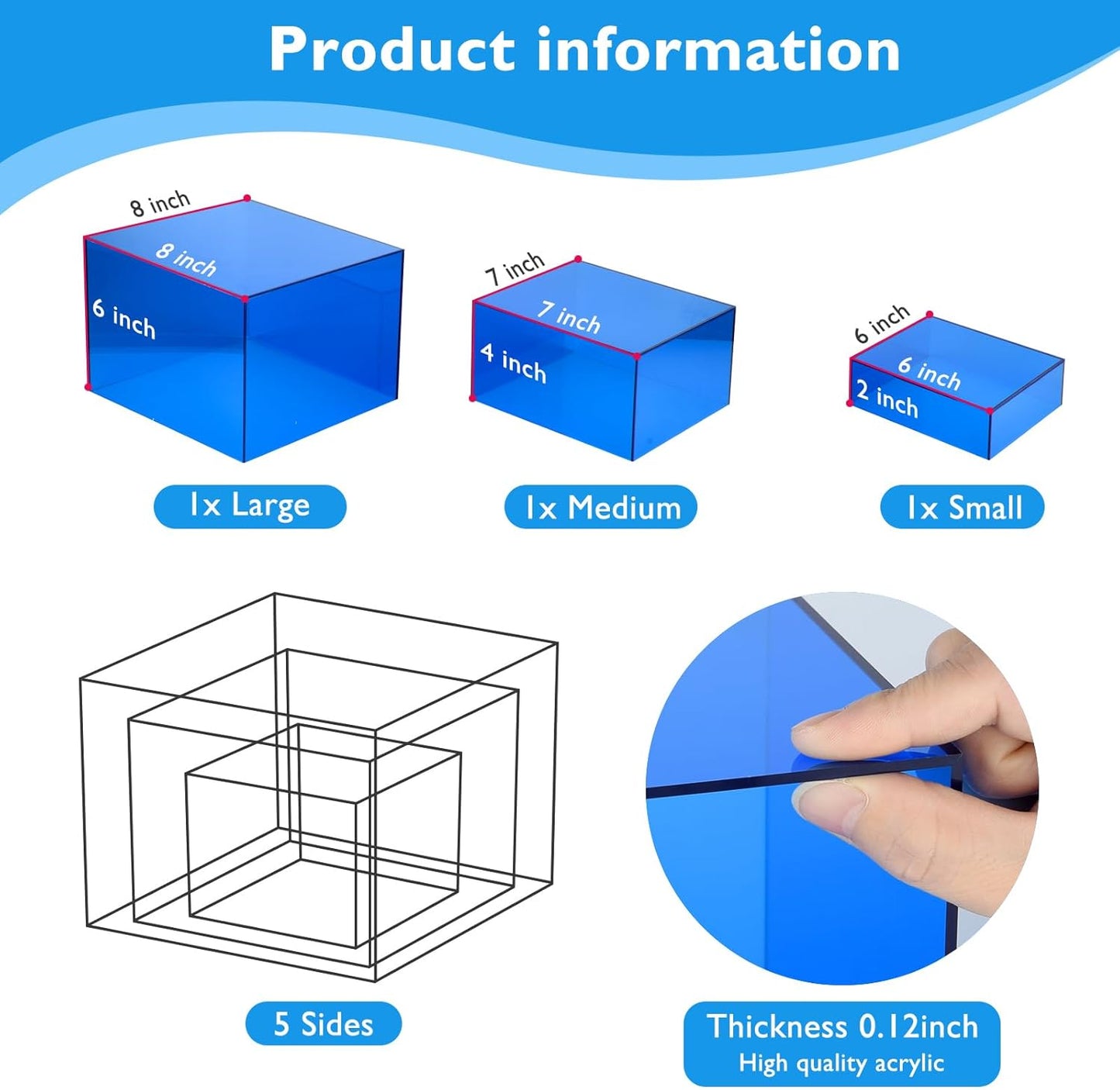 3Pcs Blue Buffet Risers Acrylic Boxes Display Food Risers for Buffet Table Platter Parties Weddings Catering Dessert Collectibles Figures Show ( 6''x7''x8'')