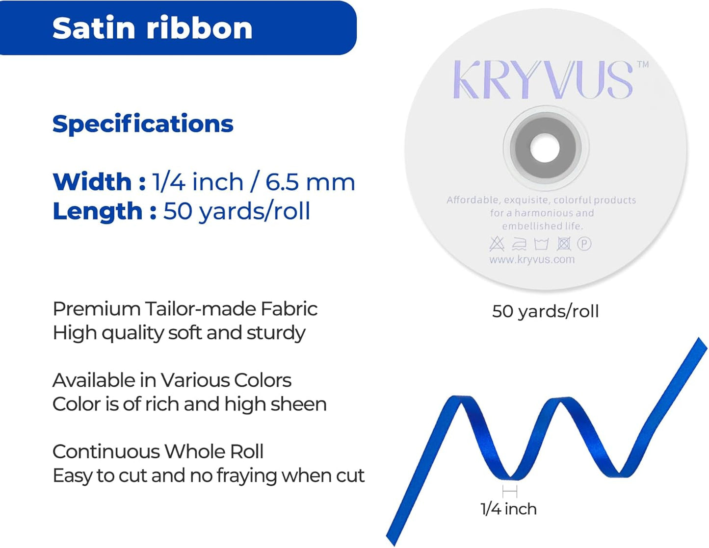 Dark Royal Blue Satin Ribbon 1/4 inch X Continuous 50 Yards, Single Face Polyester Ribbon Perfect for Gift Wrapping, Flower Bouquet, Wedding Decor, Crafts, Bow Making, Sewing and More