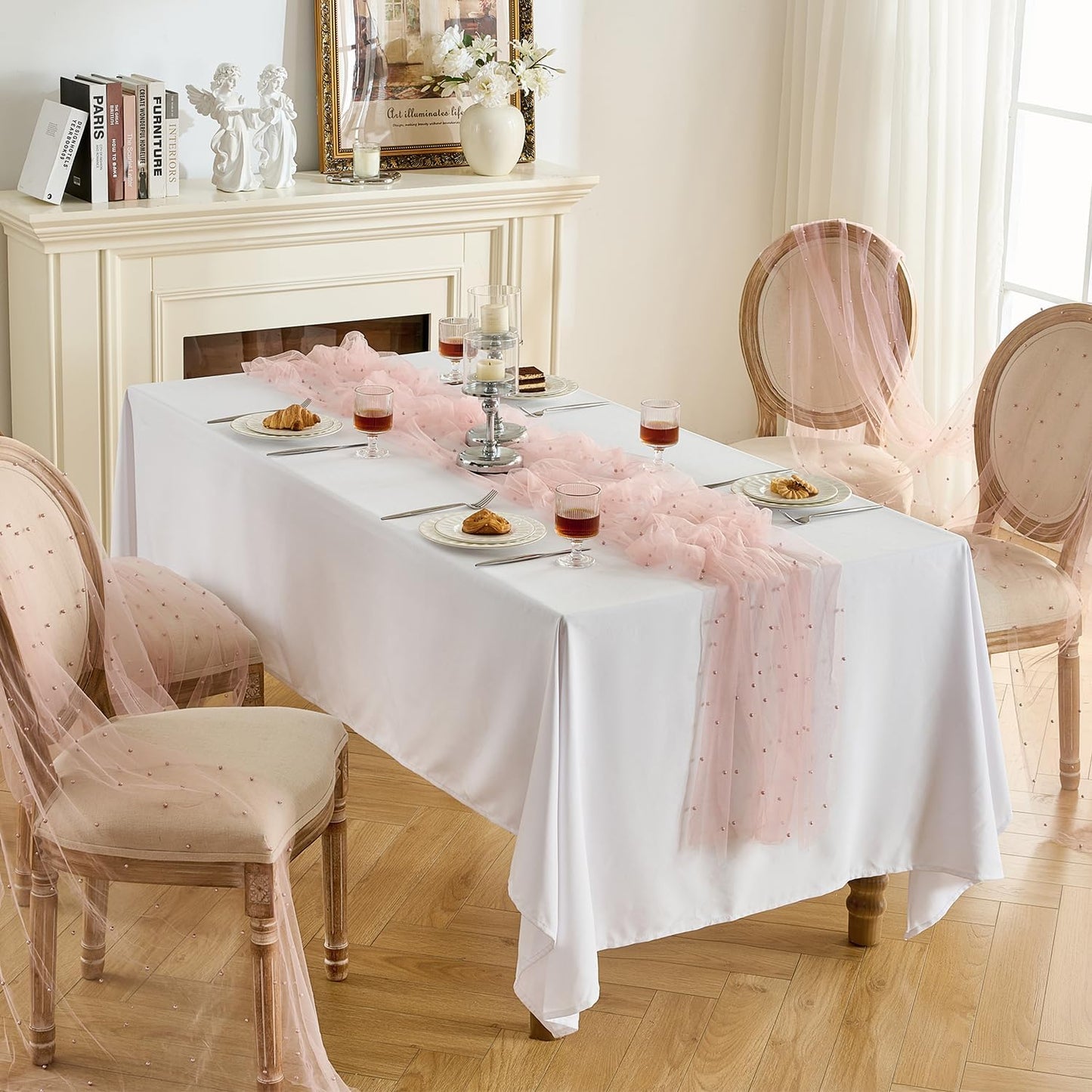 Fanami 6 Pack Pearl Table Runner -10FT Dusty Pink Boho Tulle Table Runners 120 Inches Long Rustic Sheer Lace Fabric Centerpieces for Wedding Arch Birthday Party Bridal Veil Baby Shower Decorations