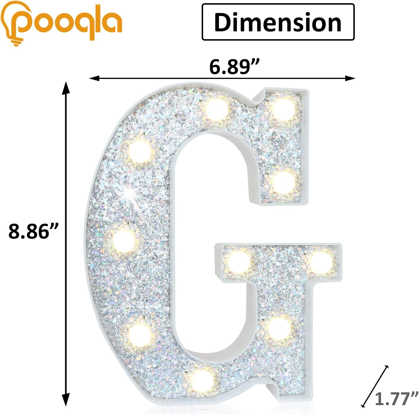 Pooqla Light Up Letters, LED Marquee Letters for Silver Birthday Decorations, Battery Powered Night Light Teenager Girl Room Decor, Gift for Girls Boys Wedding Bedroom Christmas Party Decor, Letter G