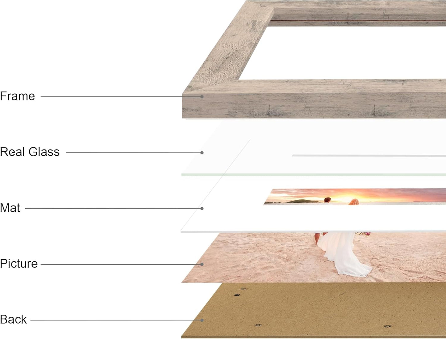 8x12 Picture Frame Set of 4 with High Definition Glass, Smoke Gray Frame Display 6x8 Picture with Mat or 8 x 12 Without Mat, Wood Rustic Photo Frames for Tabletop Display and Wall Mounting