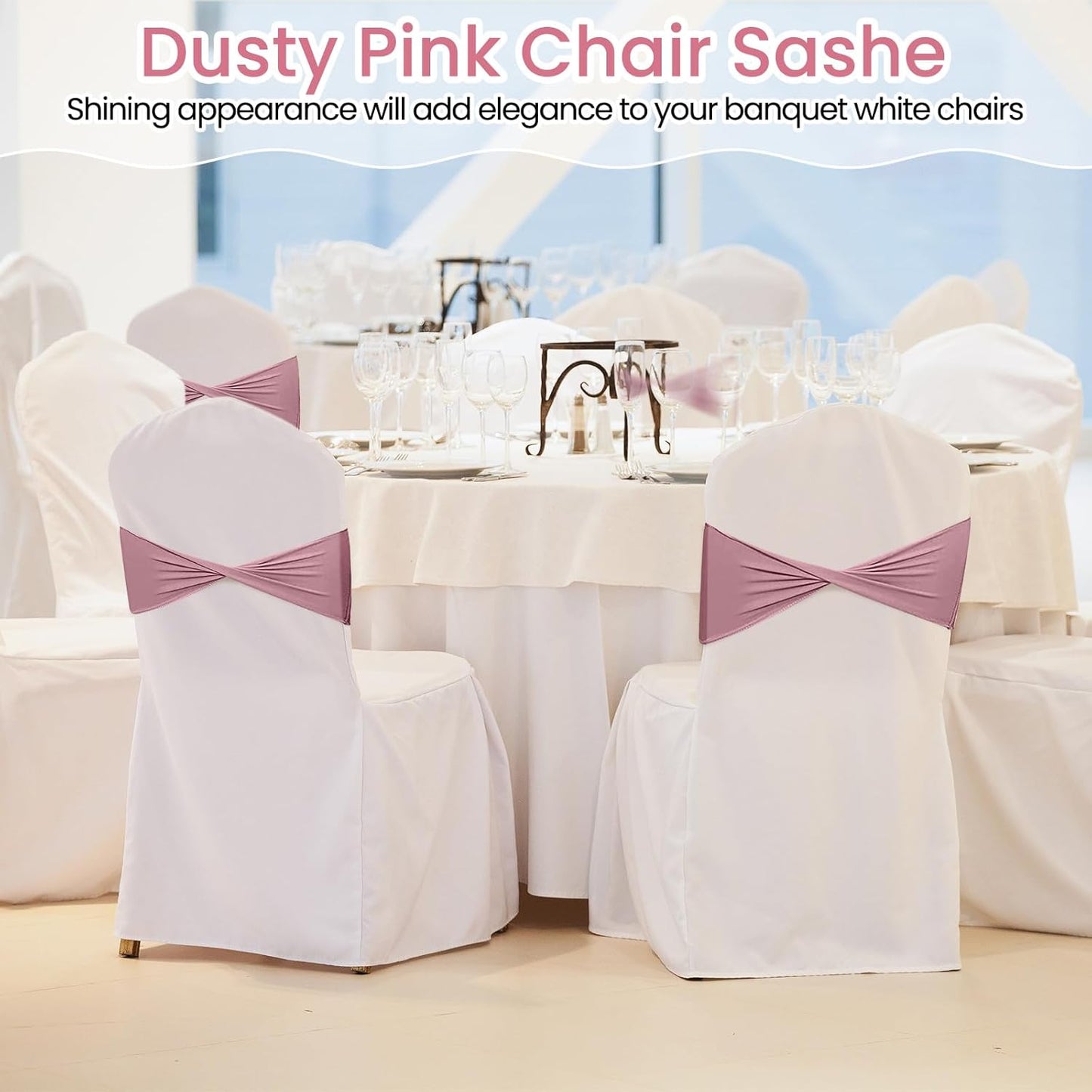 Kinlop 50 Pcs Spandex Chair Sashes Bows Chair Bands Slider Sashes for Covers Elastic Bands Ties Without Buckle Decorations for Wedding Party Events Ceremony Birthday(Dusty Pink)