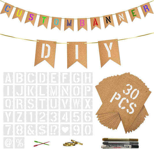 30 PCS Custom Banner for Party Decor - Create Your Own Custom Sign with Letter Templates Markers Ribbon Perfect for Birthday Wedding Celebrations