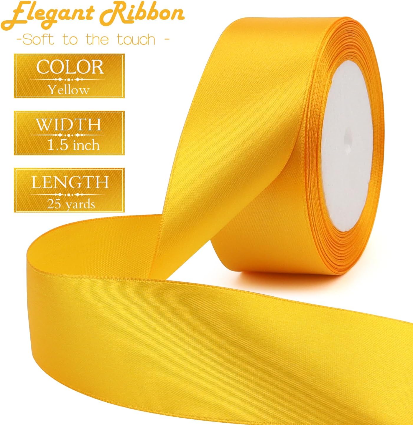 Yellow Solid Satin Ribbon 1-1/2 Inch 25 Yards Solid Polyester Fabric Ribbon for Gift Wrapping Wedding Christmas Baby Shower Birthday Party Decoration Handmade Immortal Flower Craft