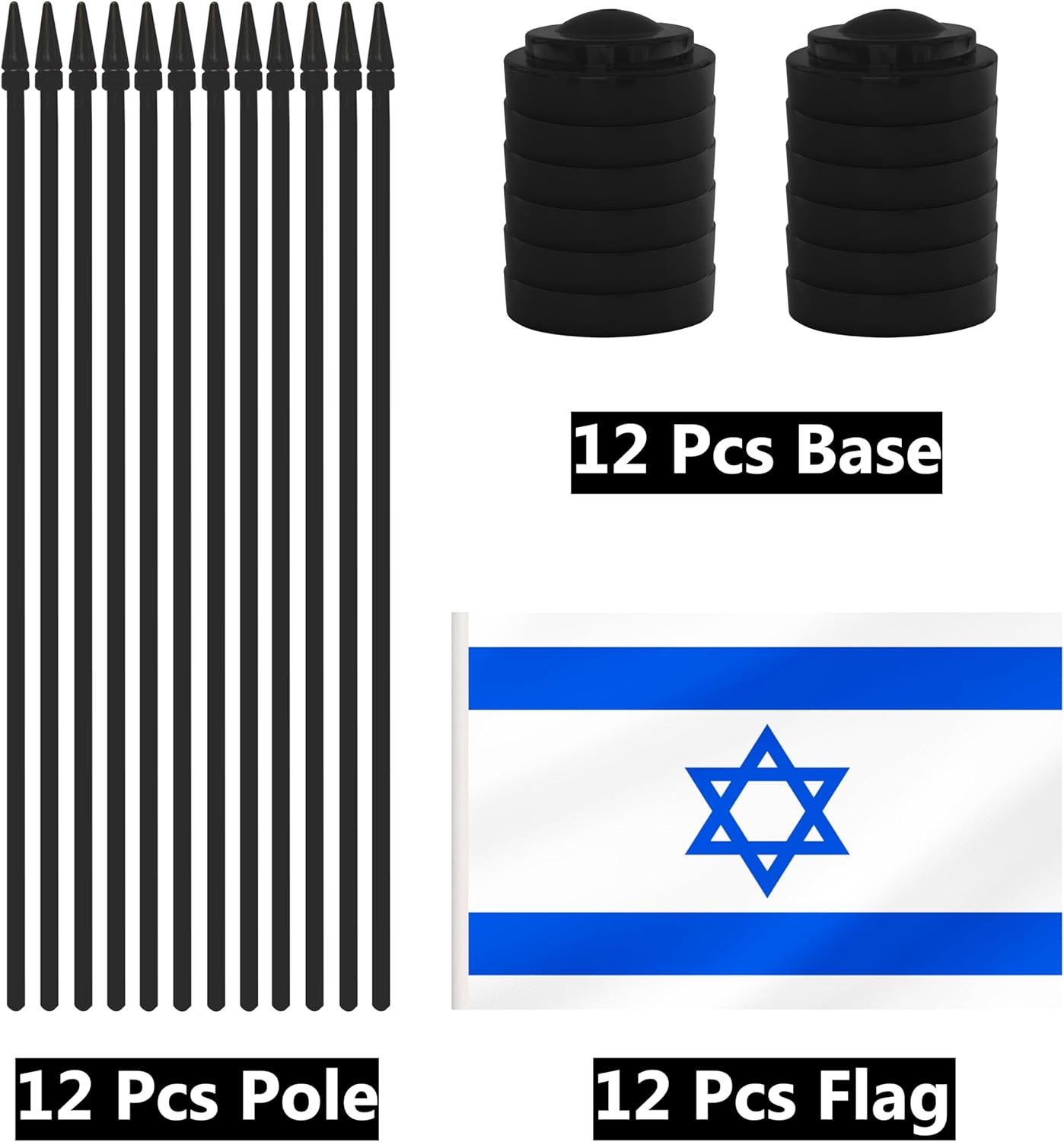 12 Pack Israel Desk Flags, Israeli Desktop Flag, Small Miniature Office Flags with 12" Black Pole and Black Base, Offices, Classroom, Home, Festival Decoration (Israel)