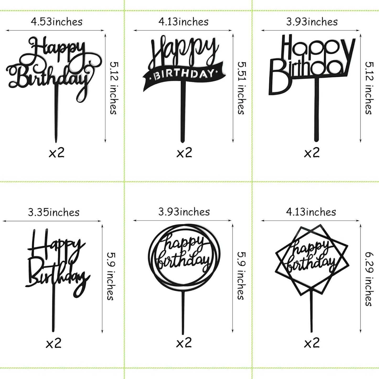 12 Pack Multi Styles Birthday Cake Topper Set, Acrylic Cake Bunting Decor Birthday Cake Picks Party Decorations Supplies(Black)