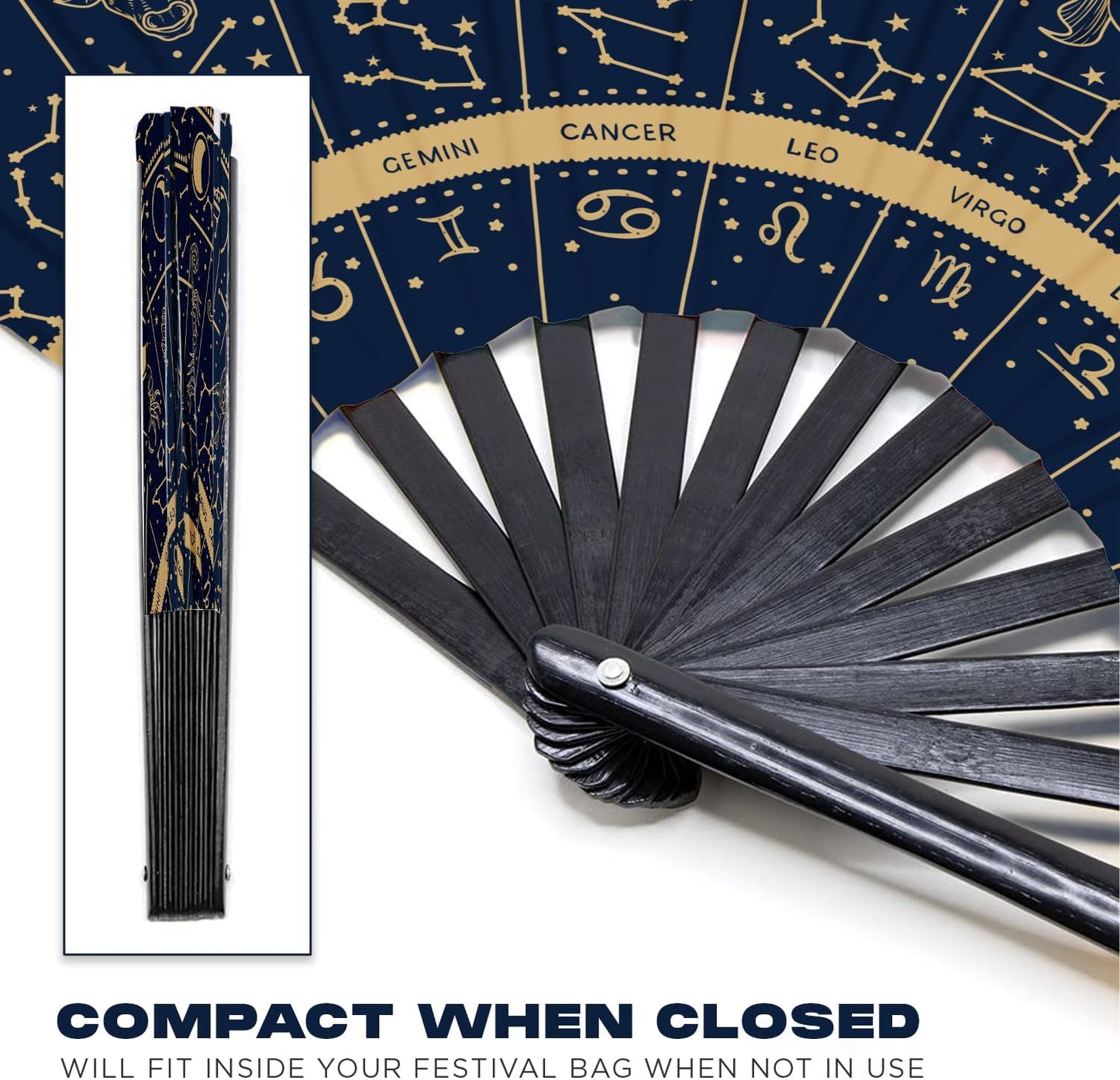 GloFX Rave Fan - Zodiac Signs - Large Folding Hand Fan Astrological Signs Designs for Festival Outfits, Cosmic Events - Perfect Accessory for Astrology Enthusiasts and Stargazers