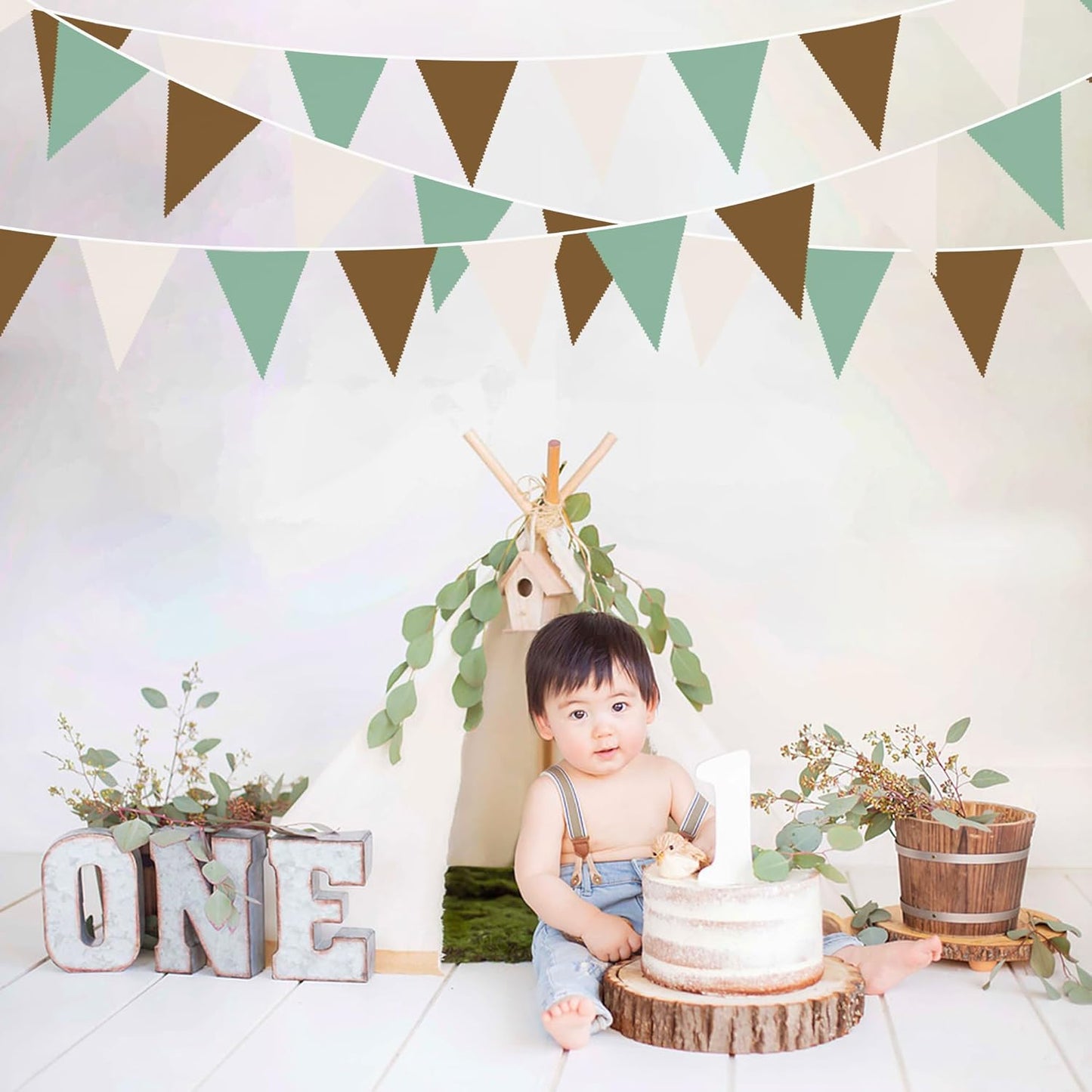 32Ft Sage Green Brown Party Decorations Retro Colored Triangle Flag Fabric Banner Pennant Bunting Garland Streamers for Birthday Wedding Baby Shower Jungle Safari Summer Christmas Outdoor Party Decor