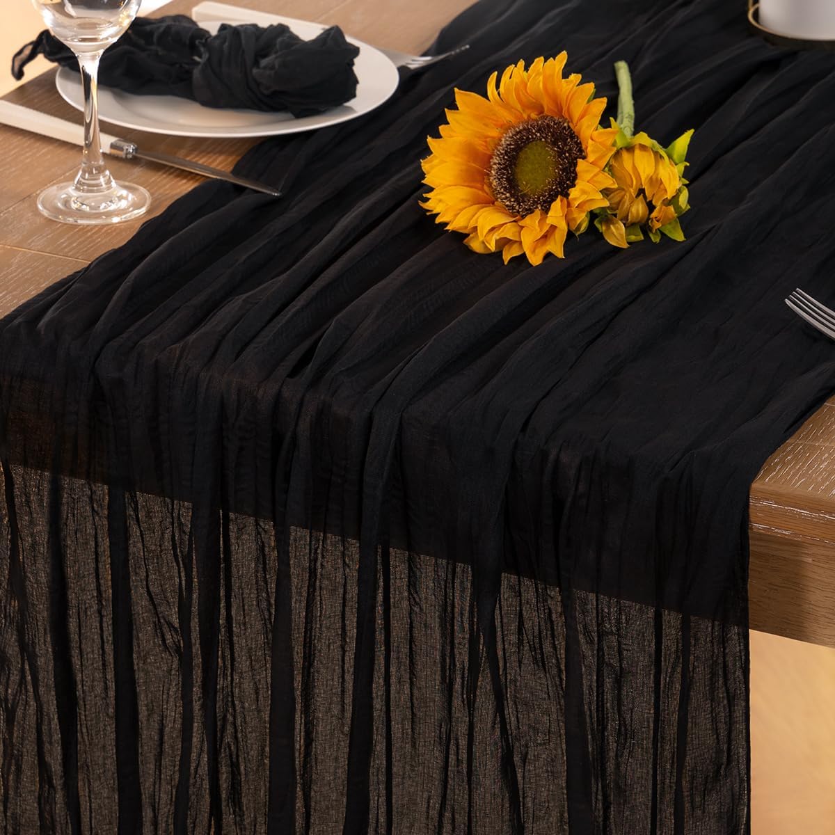 Black Halloween Table Runner Black Cheesecloth Table Runner 120 Inches Boho Gauze Fall Table Decorations for Halloween Wedding Bridal Baby Shower Party Decor