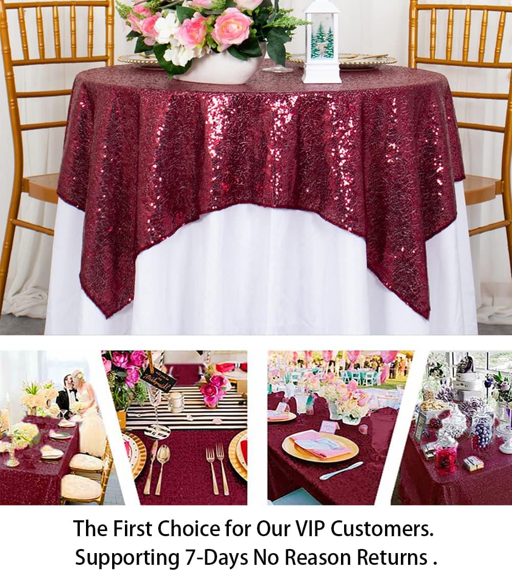 ShinyBeauty Sequin Tablecloth Wine Table Linen Burgundy Table Cover 36x36 Inches Table Overlays for Wedding Party Decor Small Square Tablecloth 36x36 for Round Tables
