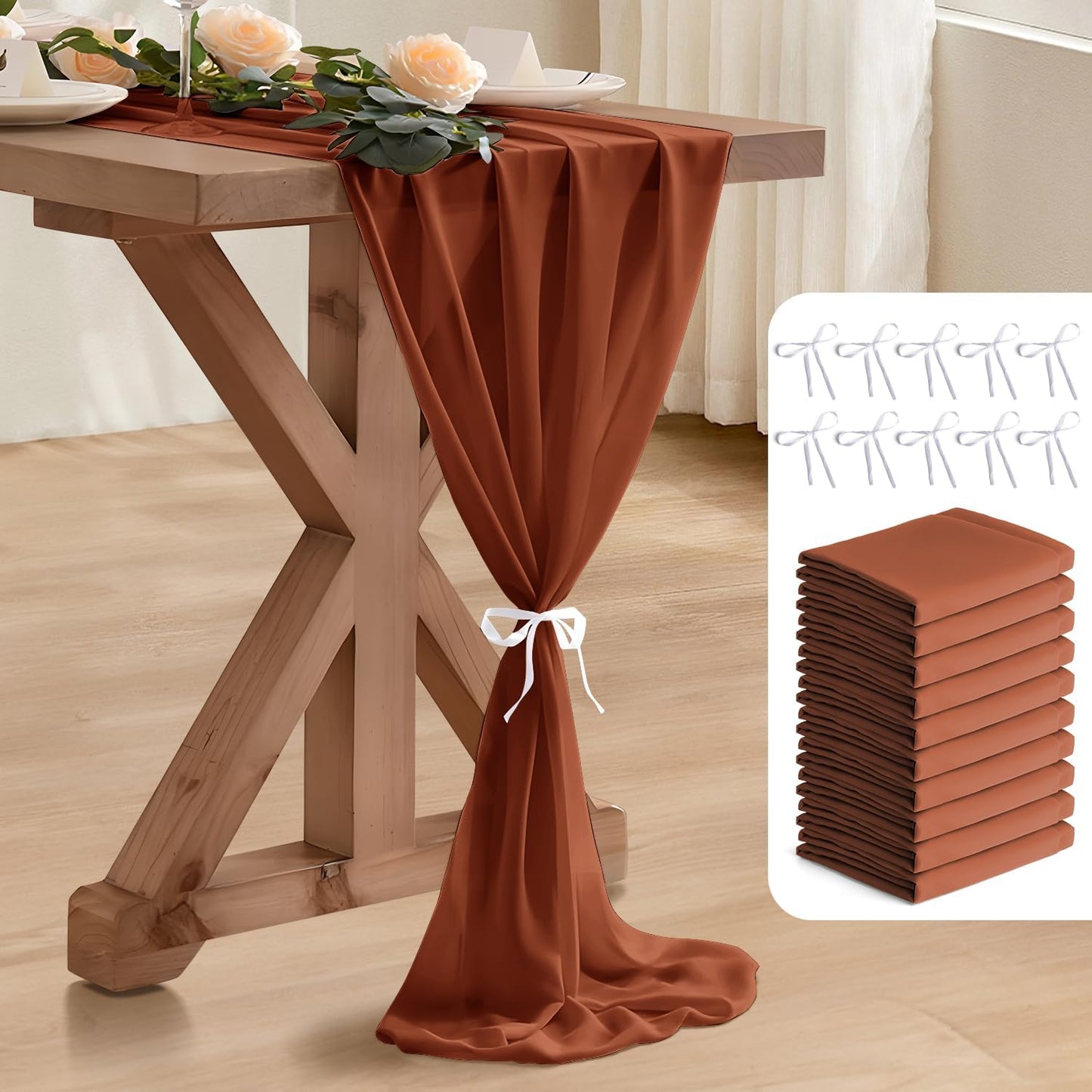 10 Pack 10 Ft Chiffon Table Runner Rust Gauze Long Table Runners 27x120 Inches Sheer Tulle Table Runner for Rustic Wedding Reception Bridal Shower Decorations Birthday Party
