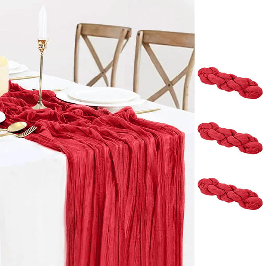 3 Pack Red Cheesecloth Table Runner Gauze Christmas Table Runner 35x120 Inch Rustic Boho Cheese Cloth Sheer Runner for Wedding Baby Shower Bridal Shower Birthday Party Holiday Decorations