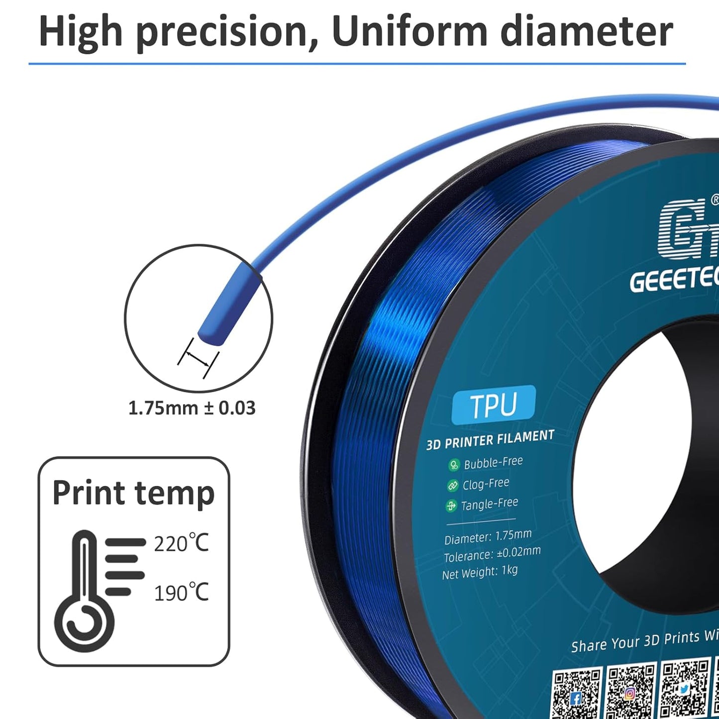 Geeetech TPU Filament 1.75mm, Shore 95A Flexible 3D Printer Filament with High Elasticity, 1KG (2.2lbs) Spool, Dimensional Accuracy ±0.03mm, Fits Most FDM Printers, Clear Blue