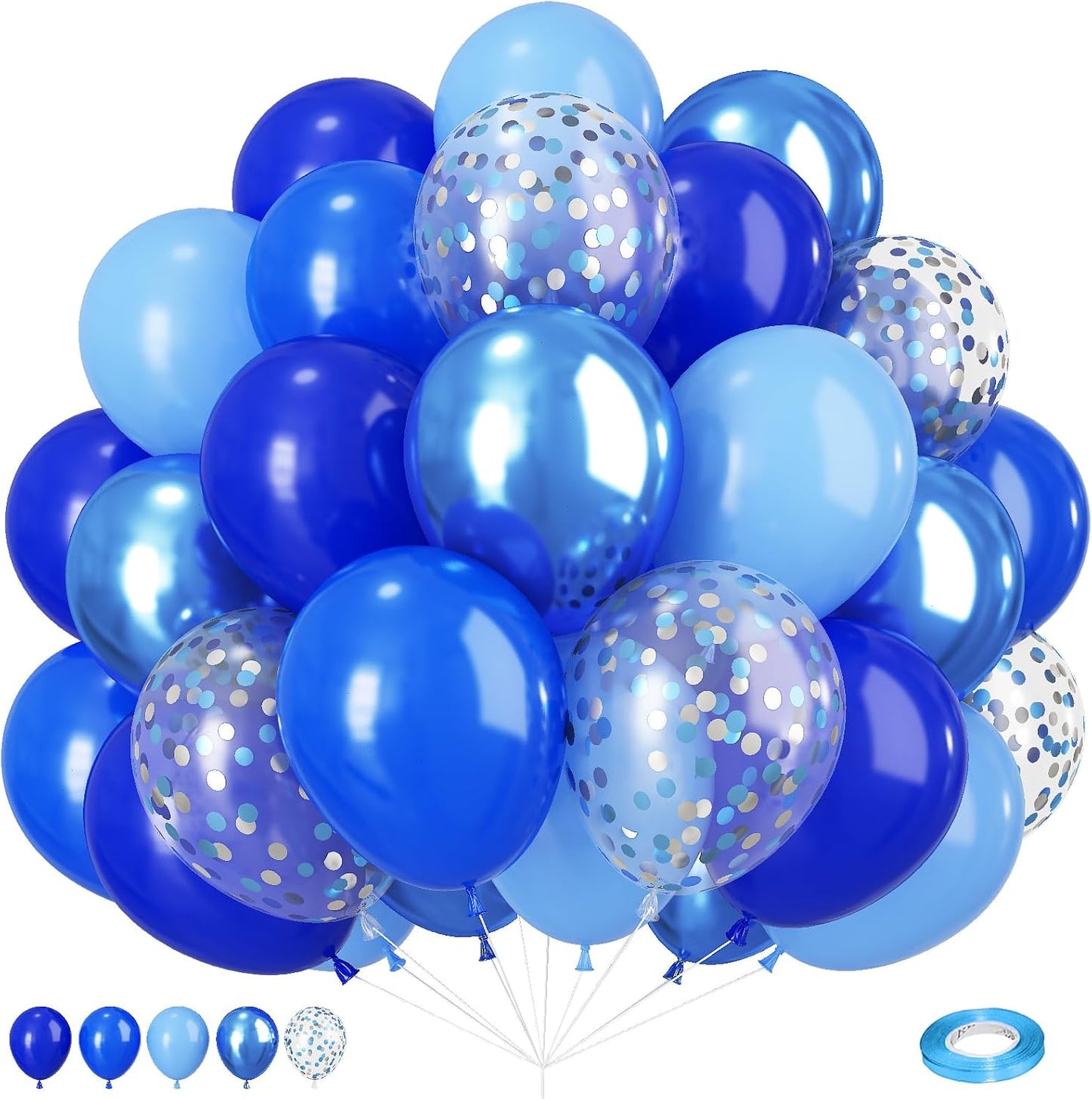 Royal Blue Balloons 12Inch Metallic Chrome Dark Light Blue Party Balloons, Silver Confetti Latex Balloons Set for Birthday Wedding Ocean Theme Party Decorations Graduation
