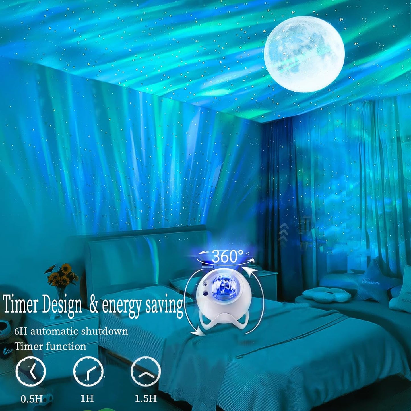Aurora Northern Lights Projector: 60+ Light Effects White Noise Stars Sky Moon Lights for Bedroom Bluetooth Remote Timer Multi Colors, Mood Lighting Room & Classroom Decor