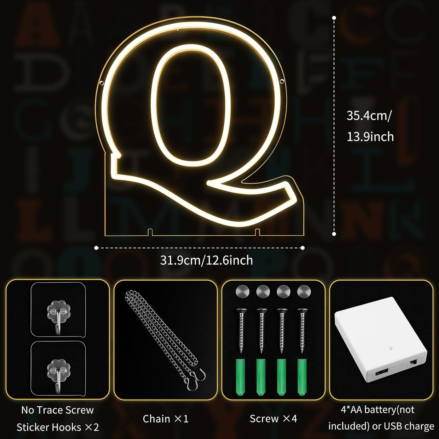 Light Up Letters Q, Led Marquee Letter Lights Neon Sign, 13.9" Height Decorative Lighted Alphabet Number, Battery/USB Powered Led Letters Lights for Wedding, Birthday, Party, Christmas or Home Decor